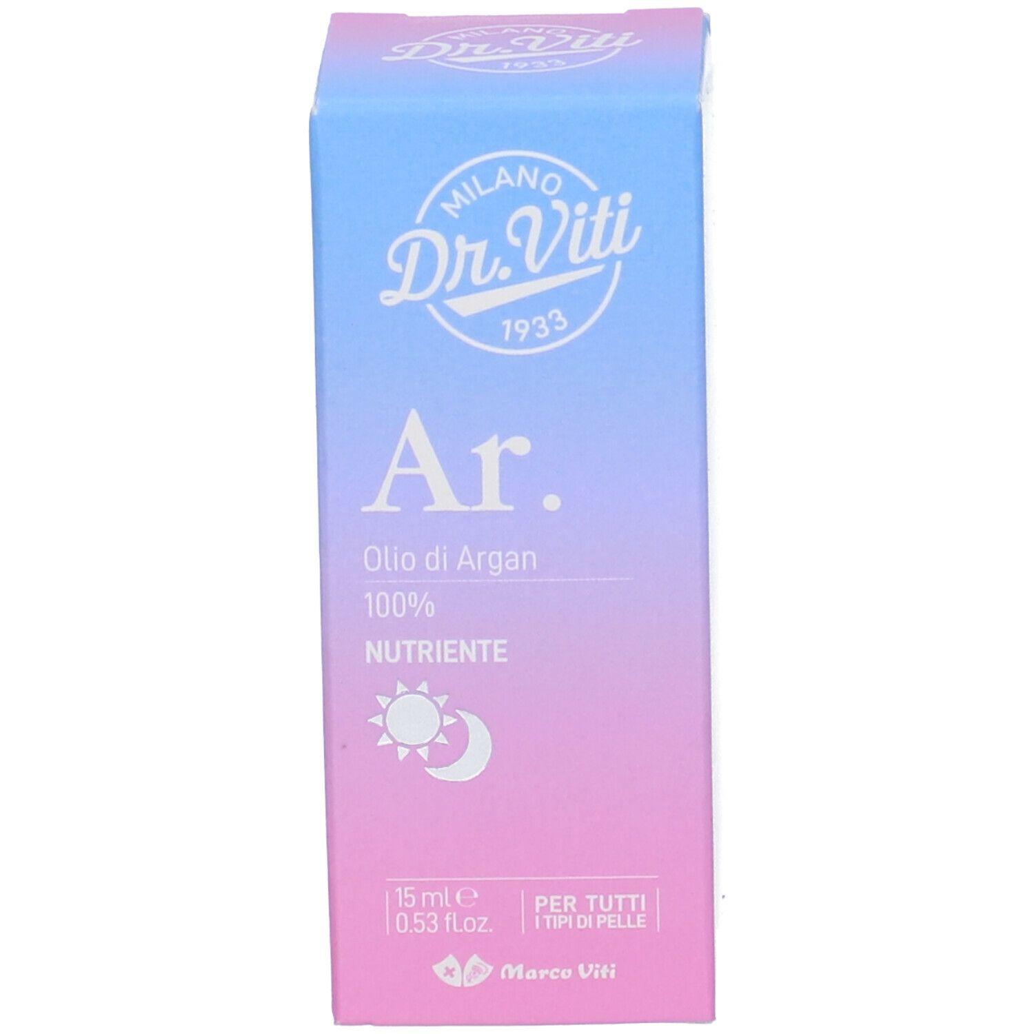 Confezione blu e rosa. Scritta: Dr. Viti, Ar. Olio di Argan 100%.