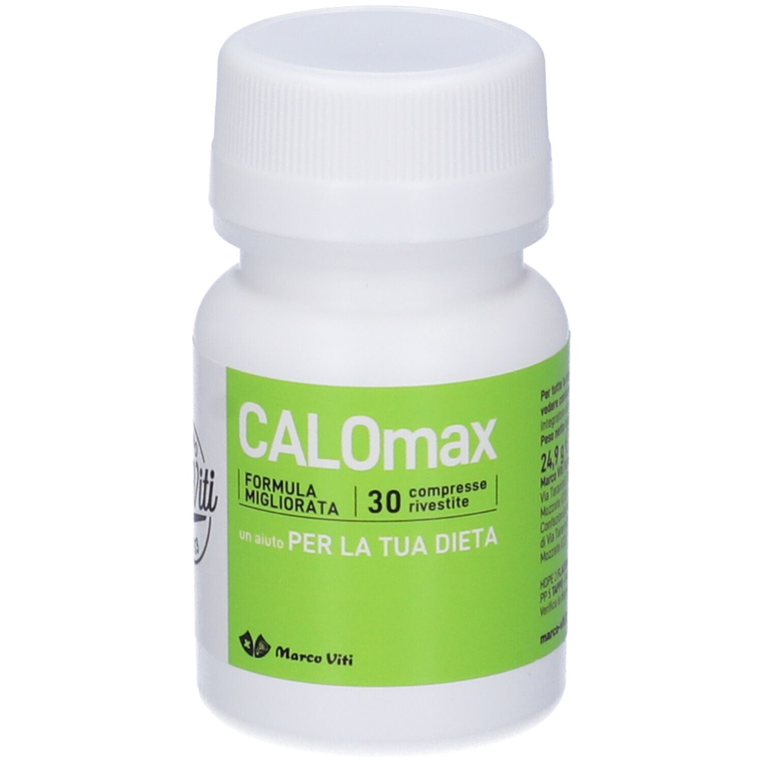 Flacone bianco con etichetta verde. Scritta CALOmax, 30 compresse. Marchio Marco Viti.