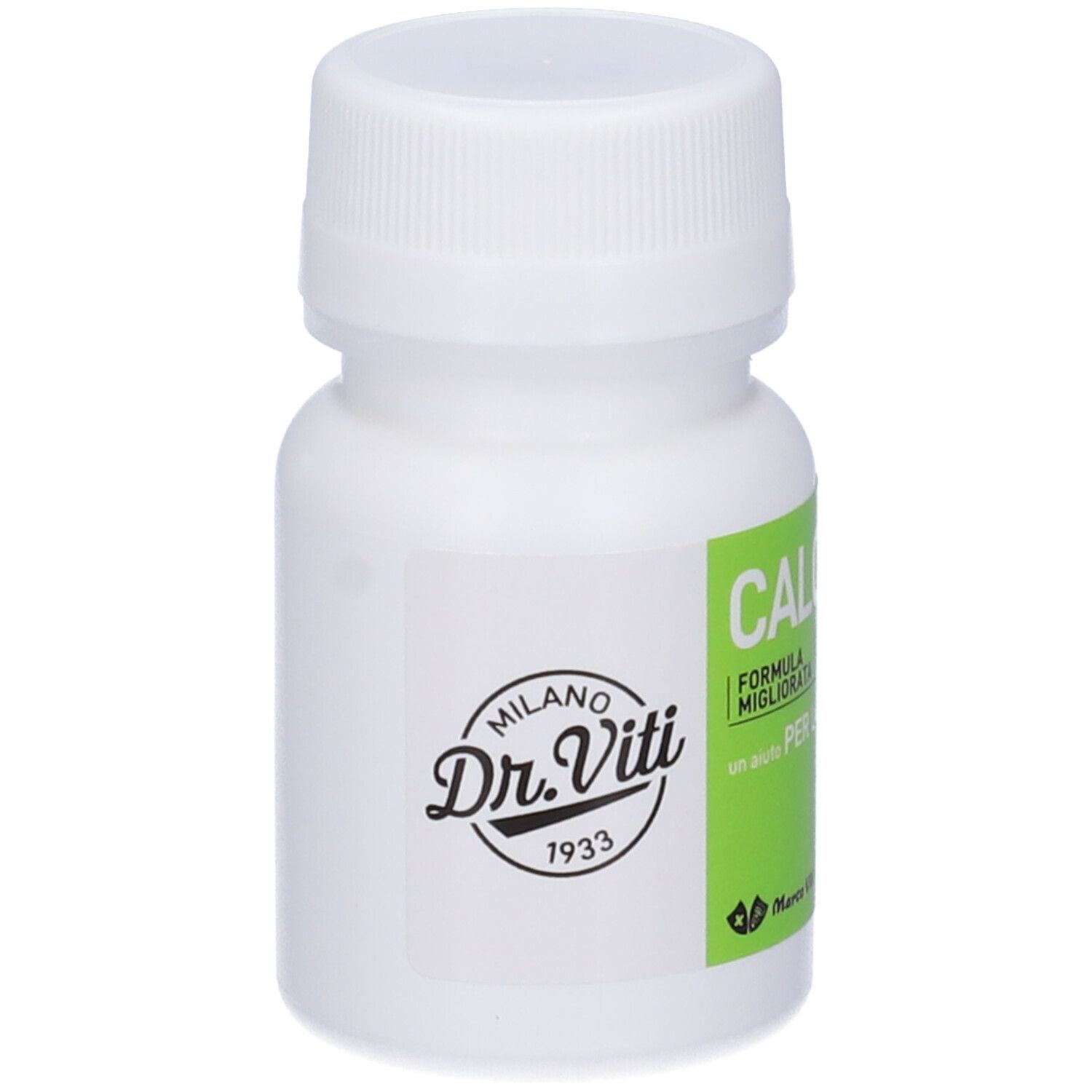 Flacone bianco con etichetta bianca. Logo Dr. Viti Milano 1933. Striscia verde con scritta CALOmax.