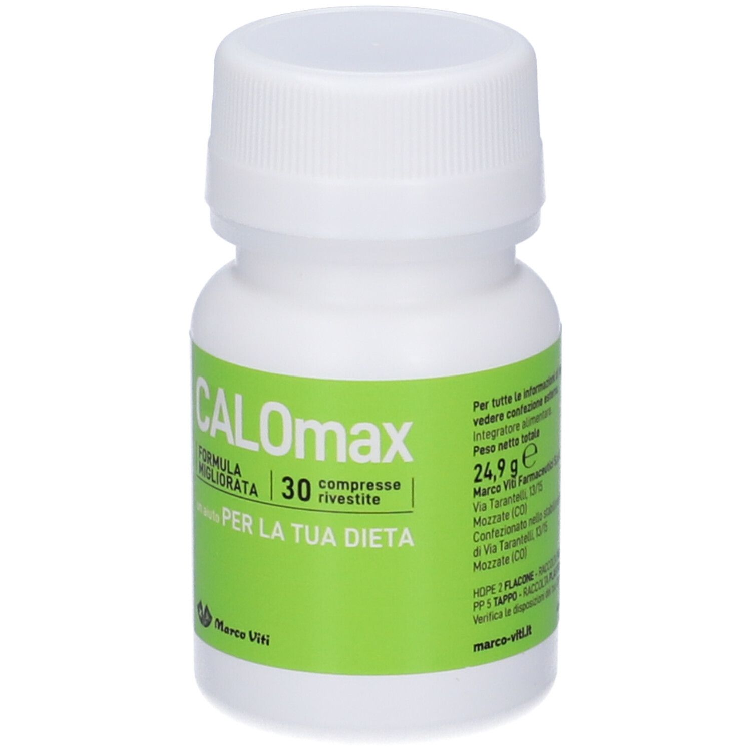 Flacone bianco con etichetta verde. Scritta CALOmax, 30 compresse. Marchio Marco Viti.