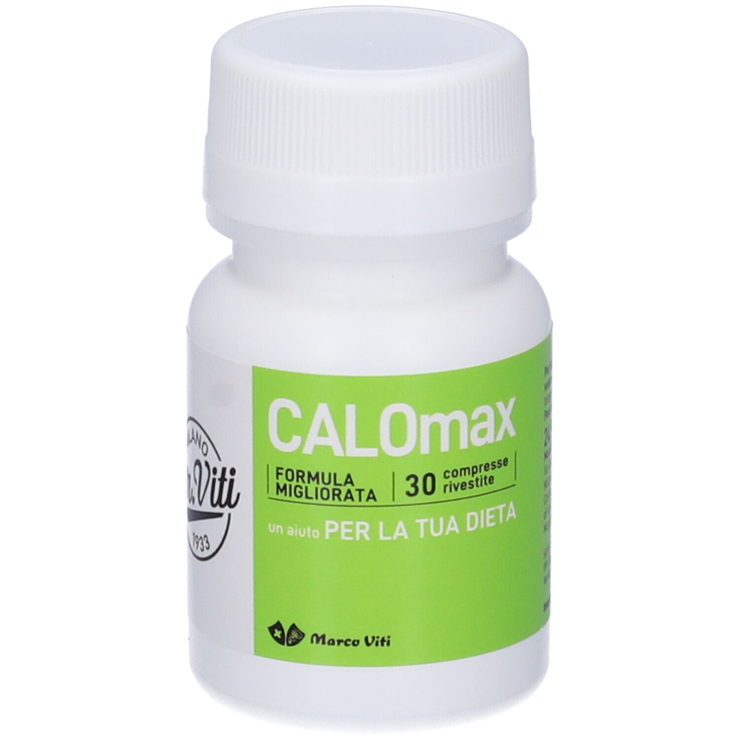Flacone bianco con etichetta verde. Scritta CALOmax, 30 compresse. Marchio Marco Viti.
