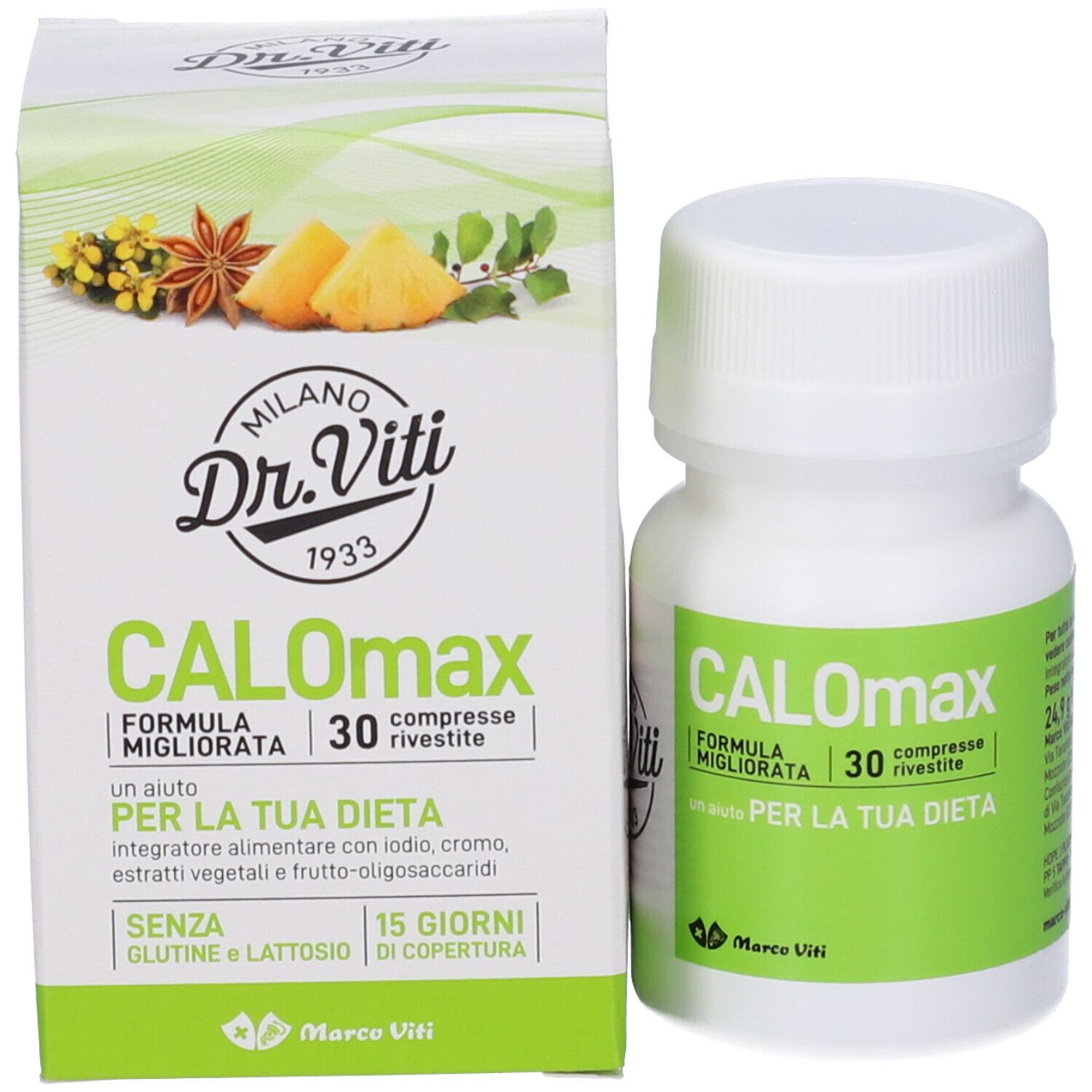 Confezione e flacone. Confezione con CALOmax, 30 compresse. Flacone con CALOmax.