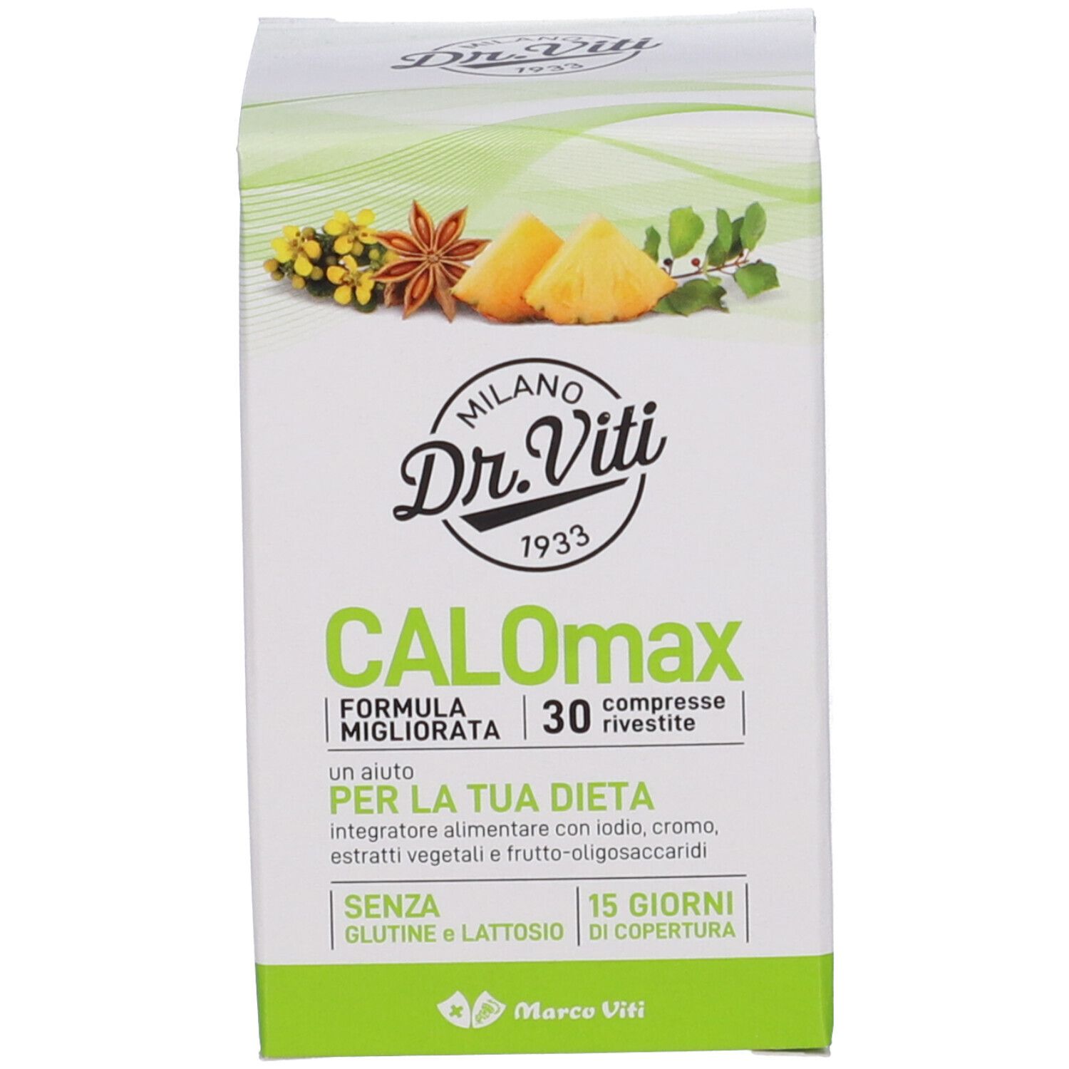 Confezione del prodotto. Scritta CALOmax, 30 compresse. Logo Dr. Viti Milano 1933.