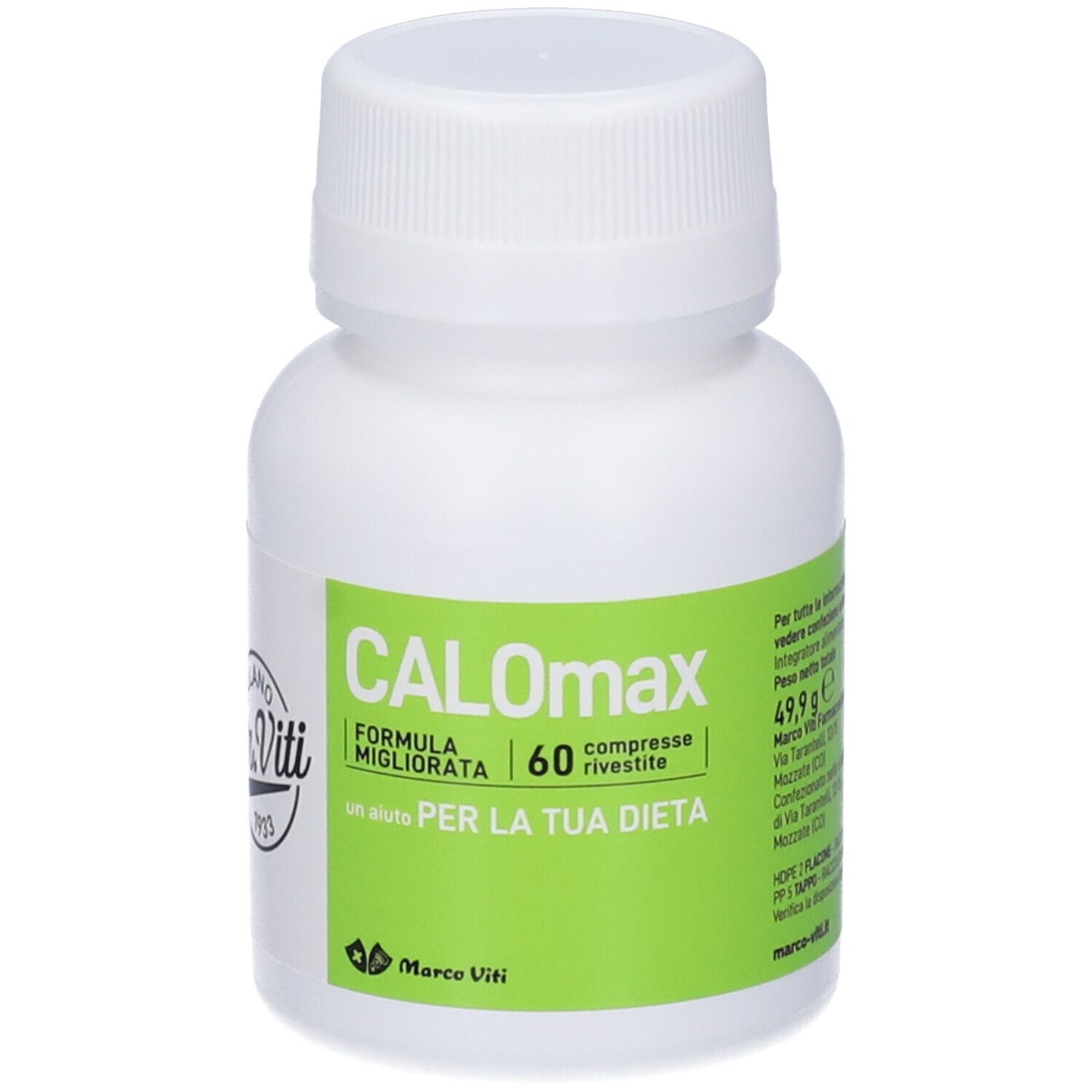 Flacone bianco con etichetta verde. Scritta: CALOmax, 60 compresse. Marchio Marco Viti.