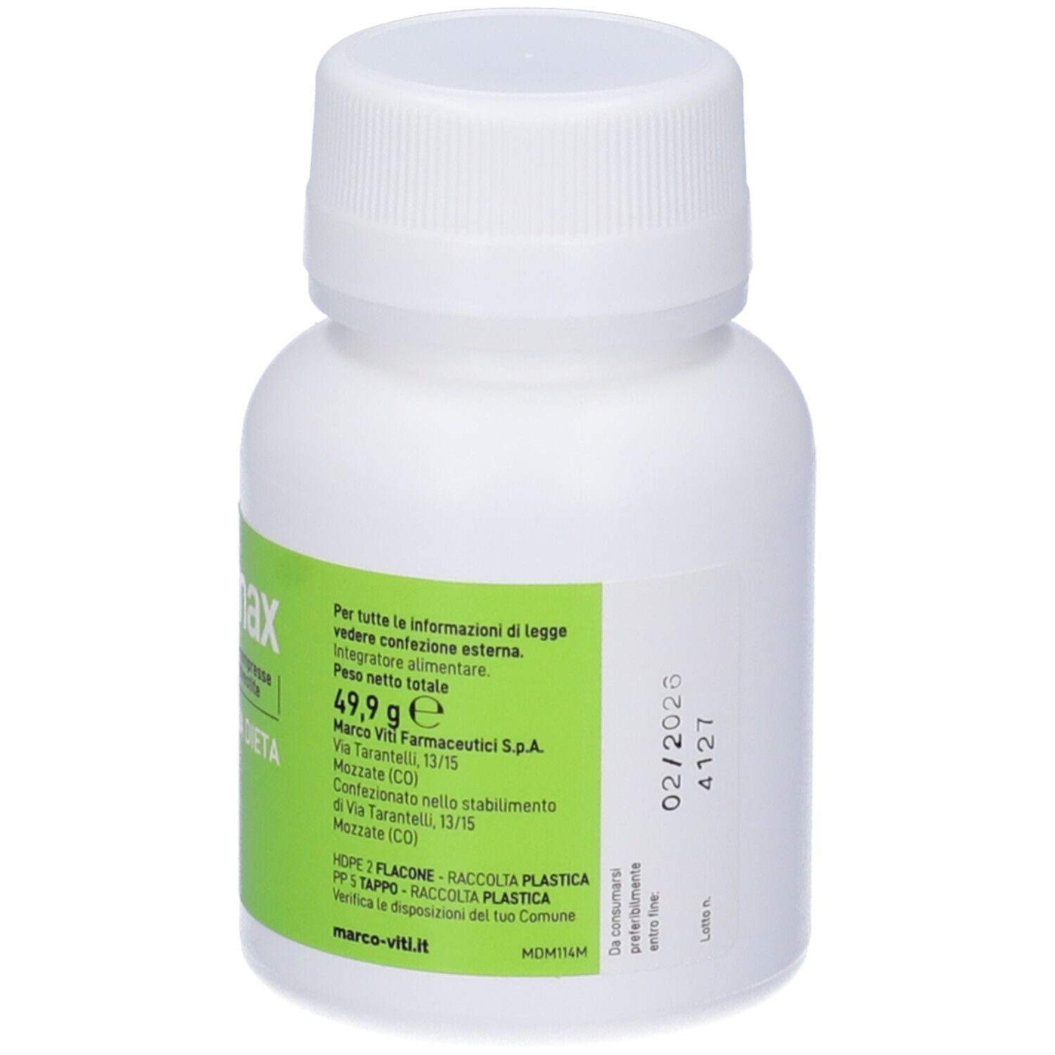Flacone bianco con etichetta verde. Scritta: CALOmax, 60 compresse. Informazioni e data di scadenza.
