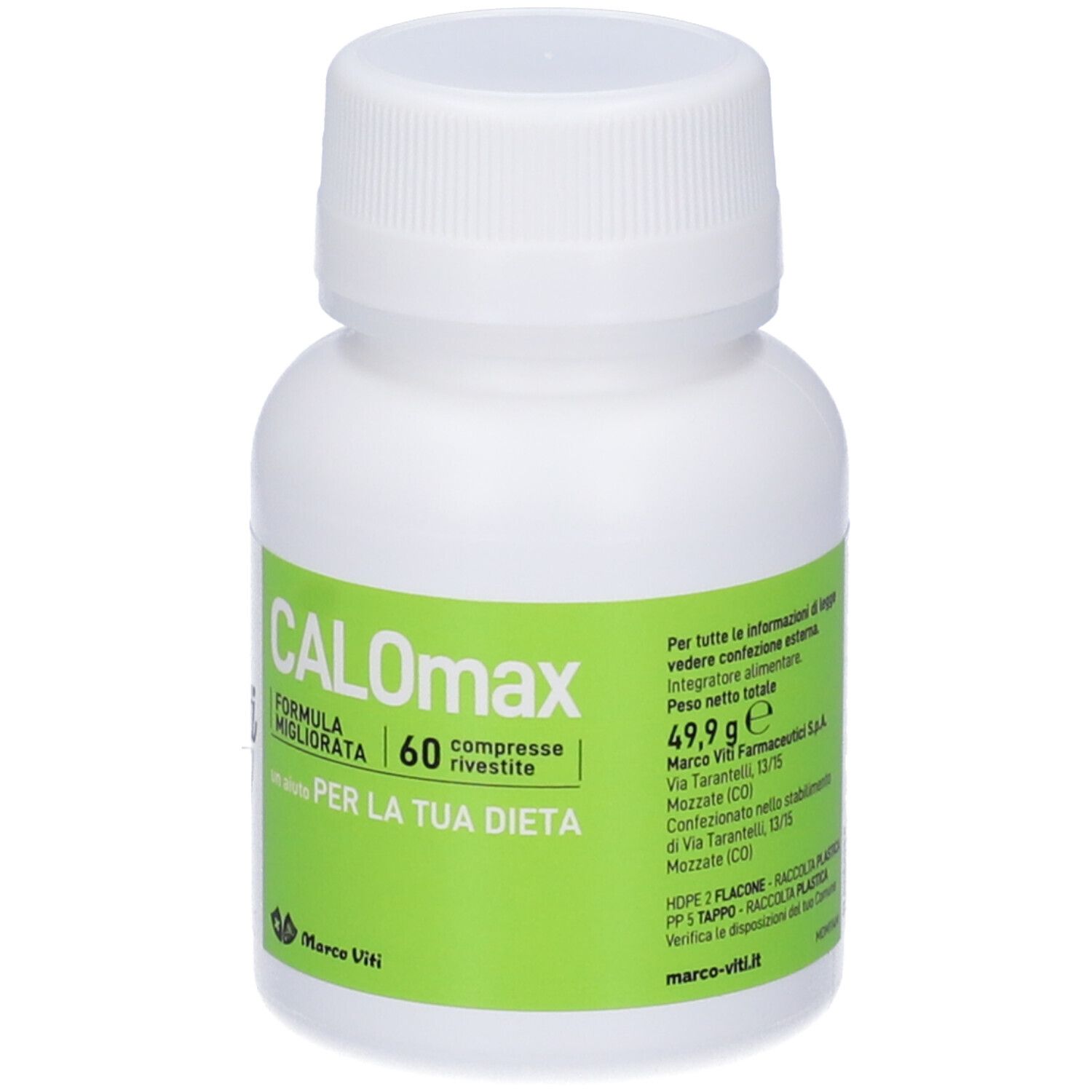 Flacone bianco con etichetta verde. Scritta: CALOmax, 60 compresse. Marchio Marco Viti.
