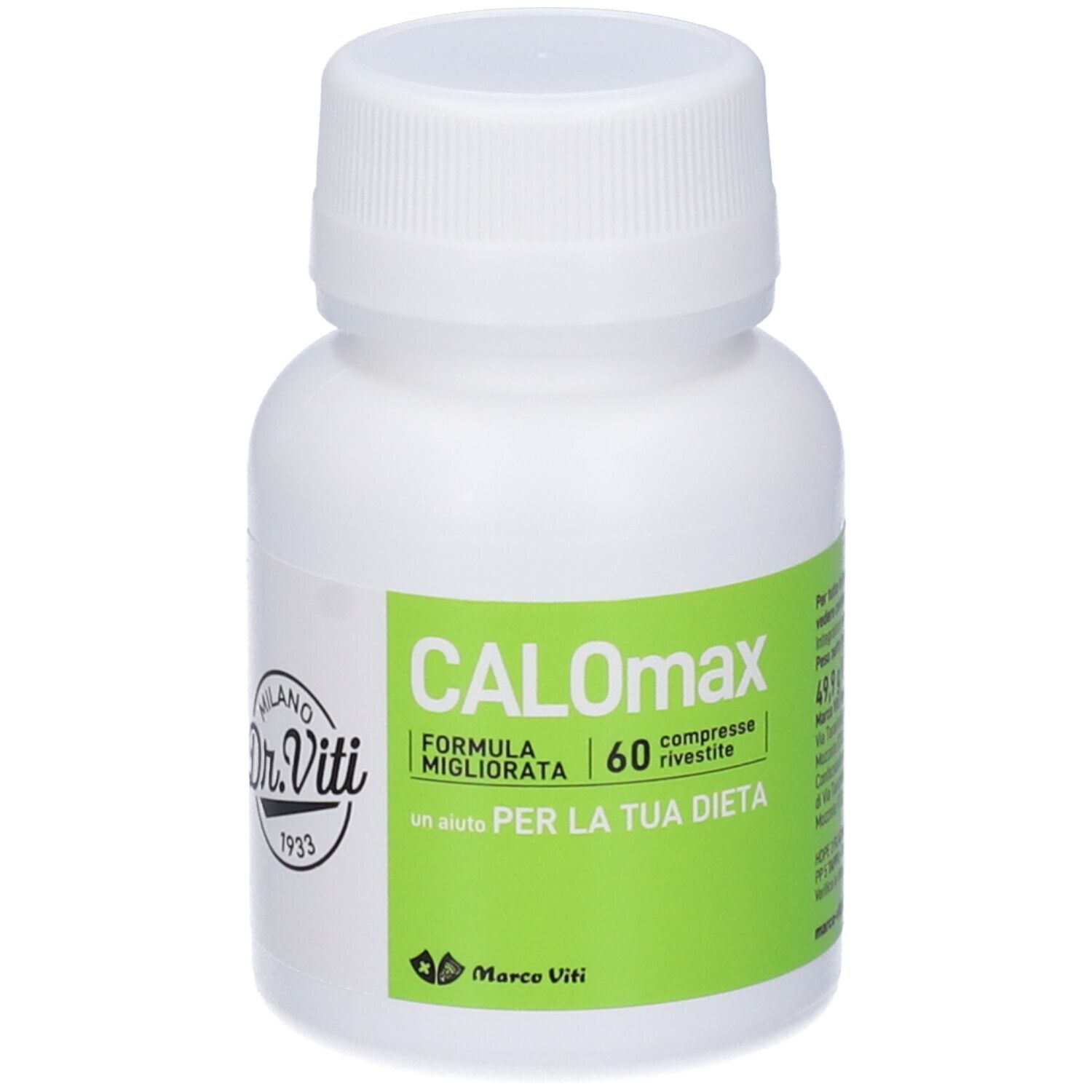 Flacone bianco con etichetta verde. Scritta: CALOmax, 60 compresse. Marchio Dr. Viti.