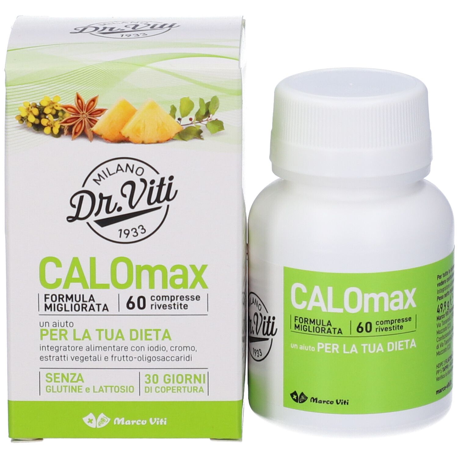 Confezione e flacone del prodotto. Confezione con scritta: CALOmax, 60 compresse. Marchio Dr. Viti.