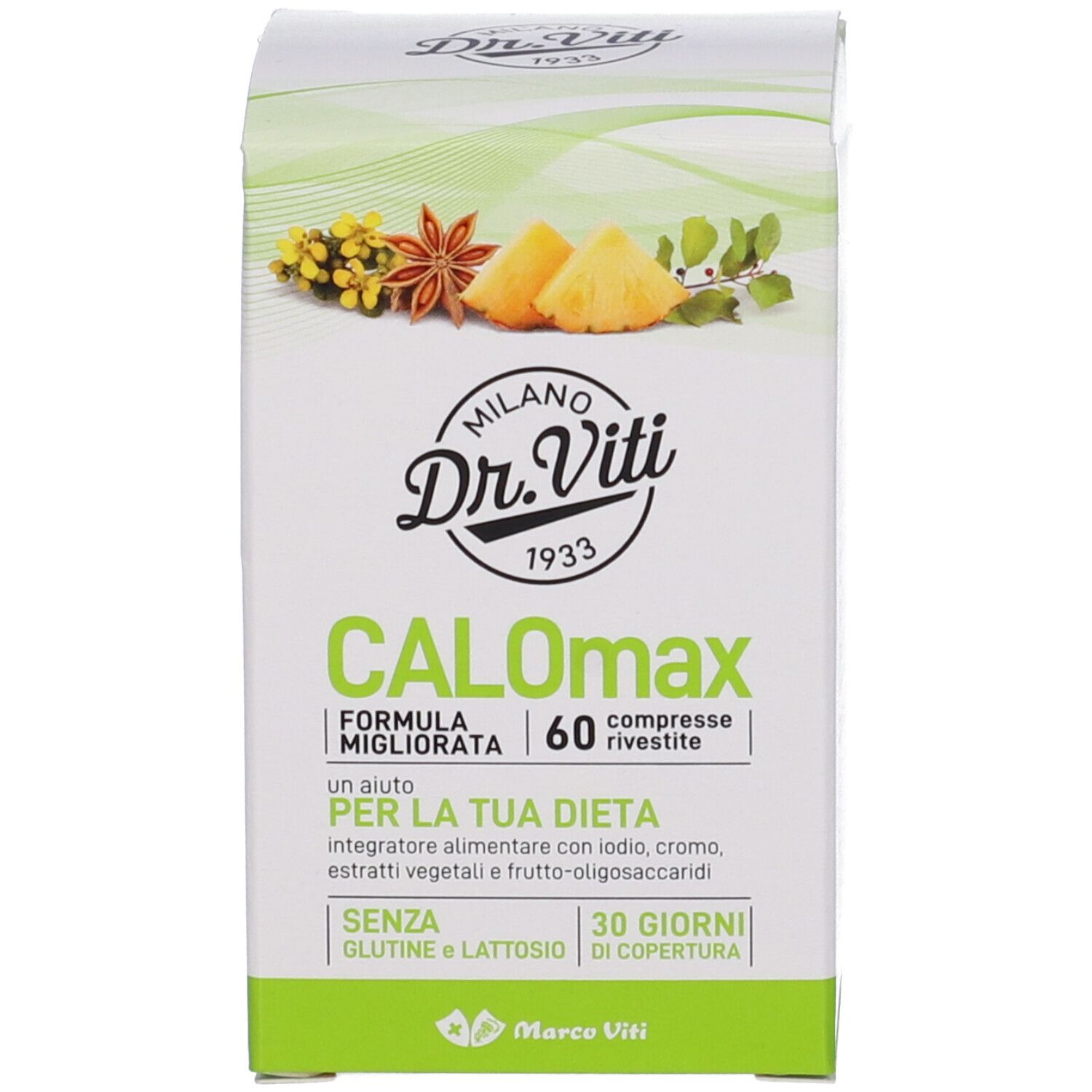 Confezione del prodotto. Scritta: CALOmax, 60 compresse. Marchio Dr. Viti. Immagine di frutta e spezie.
