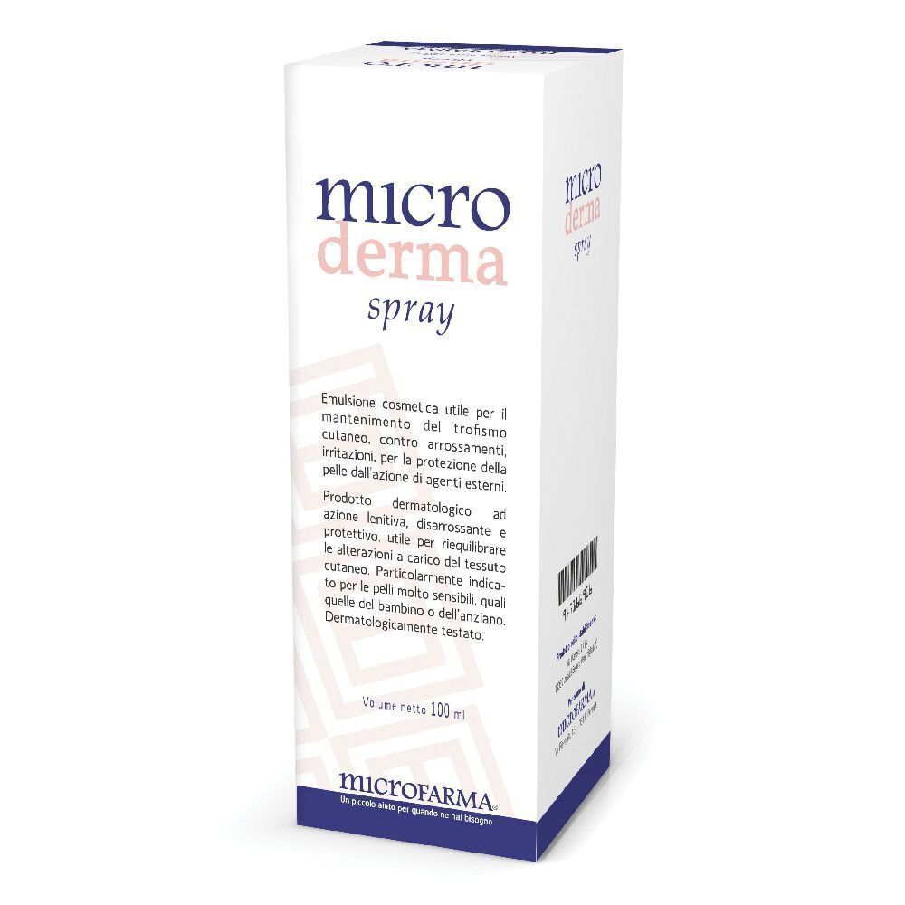 Scatola bianca con scritta Microderma spray. Testo in italiano. Sotto, logo Microfarma.