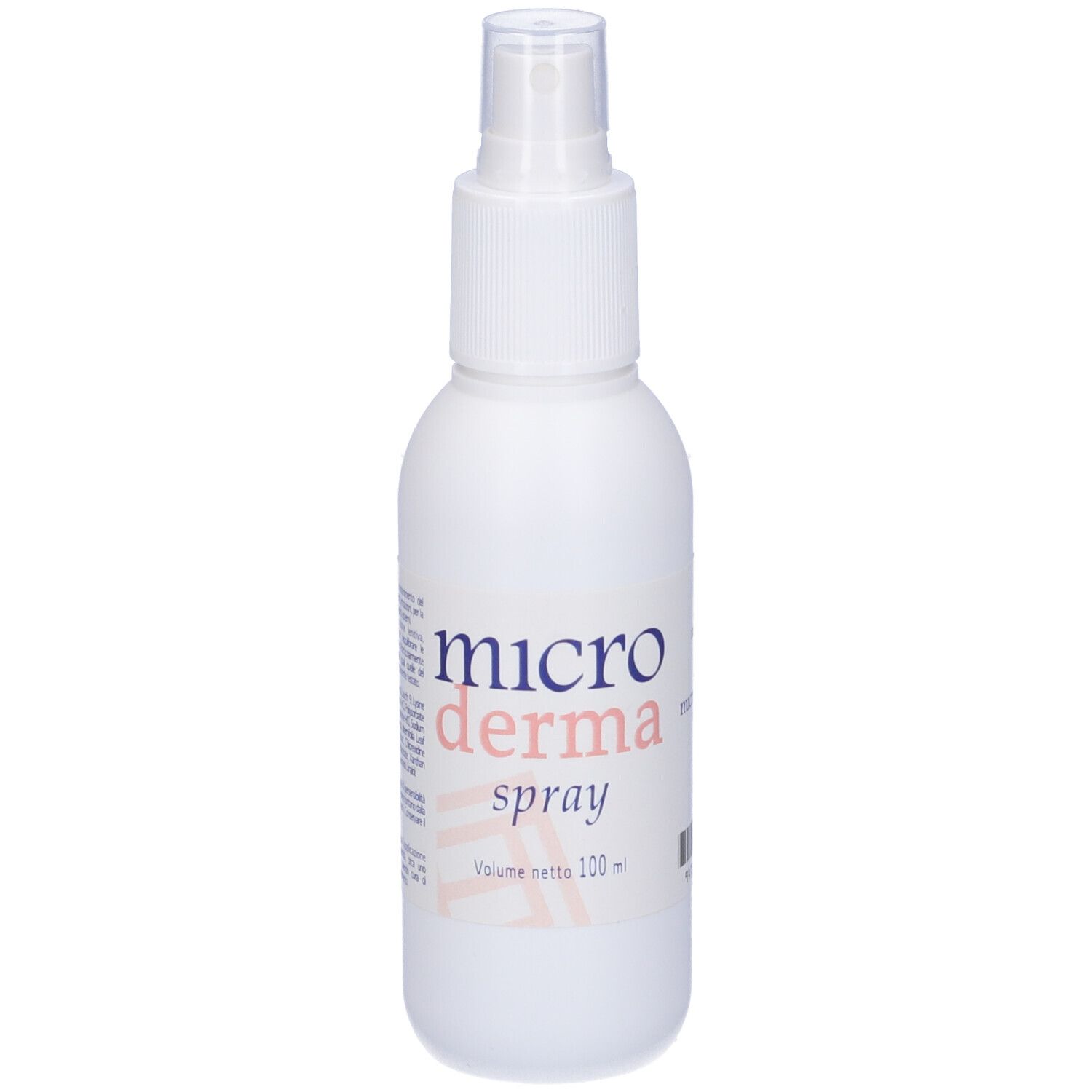 Flacone spray bianco con etichetta Microderma spray. Scritta in italiano. Erogatore trasparente.