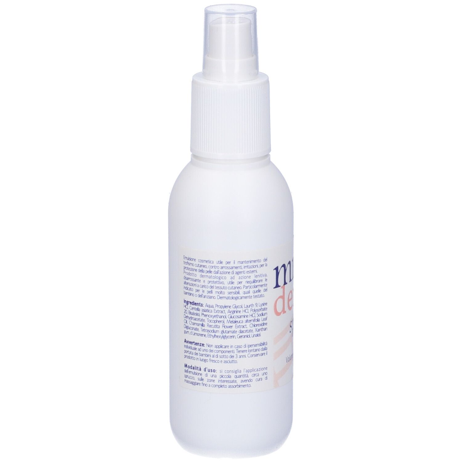 Flacone spray bianco con testo in italiano. Erogatore trasparente. Etichetta con ingredienti.