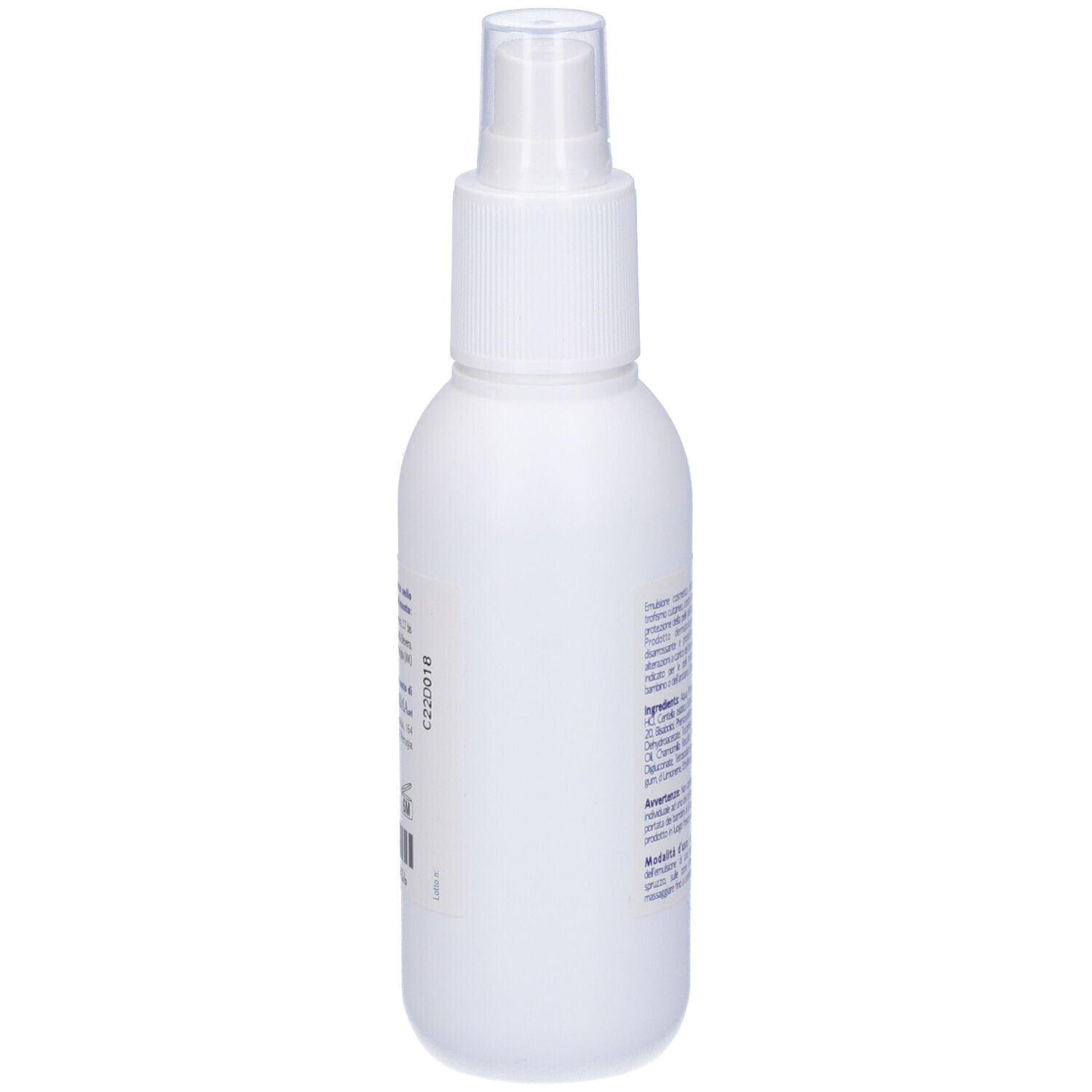 Flacone spray bianco con testo in italiano. Erogatore trasparente. Etichetta con informazioni.