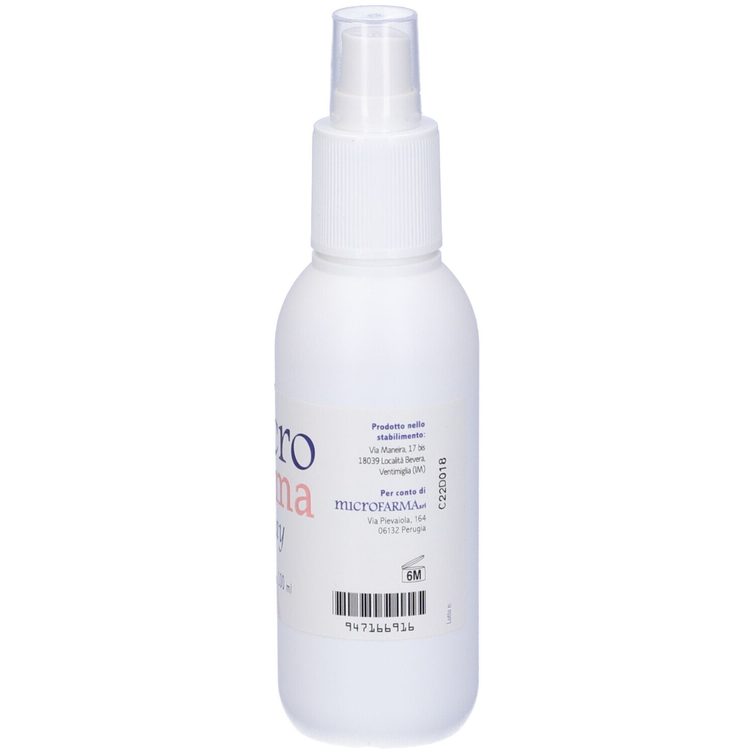 Flacone spray bianco con testo in italiano. Erogatore trasparente. Etichetta con informazioni.