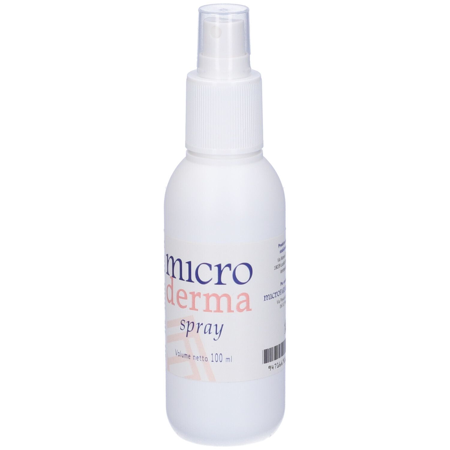 Flacone spray bianco con etichetta Microderma spray. Scritta in italiano. Erogatore trasparente.