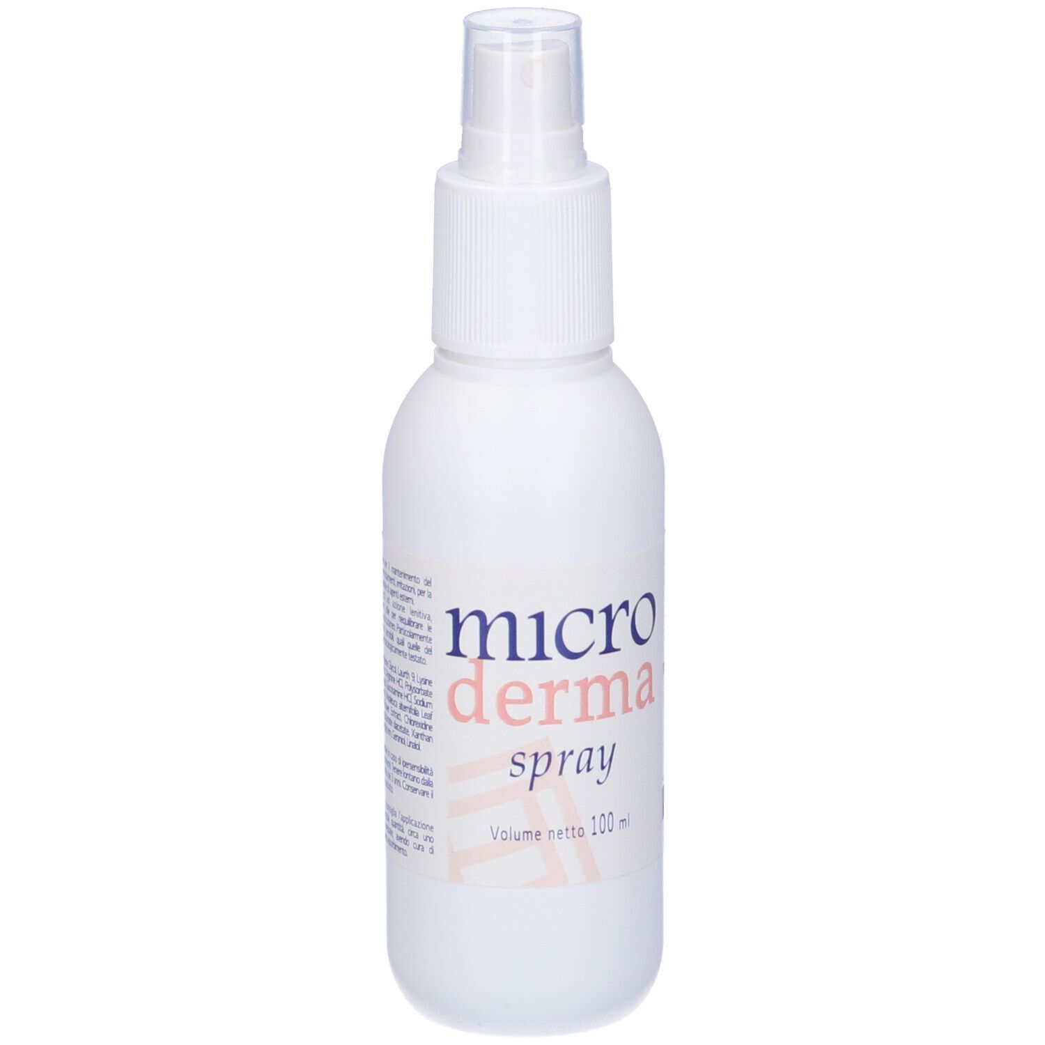 Flacone spray bianco con etichetta Microderma spray. Scritta in italiano. Erogatore trasparente.