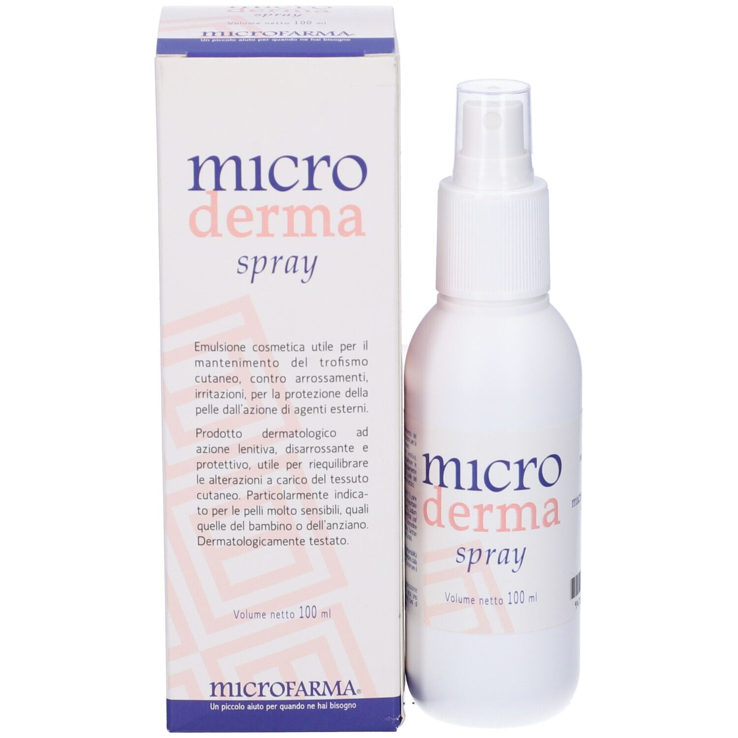 Flacone spray bianco e scatola con Microderma spray. Testo in italiano. Erogatore trasparente.