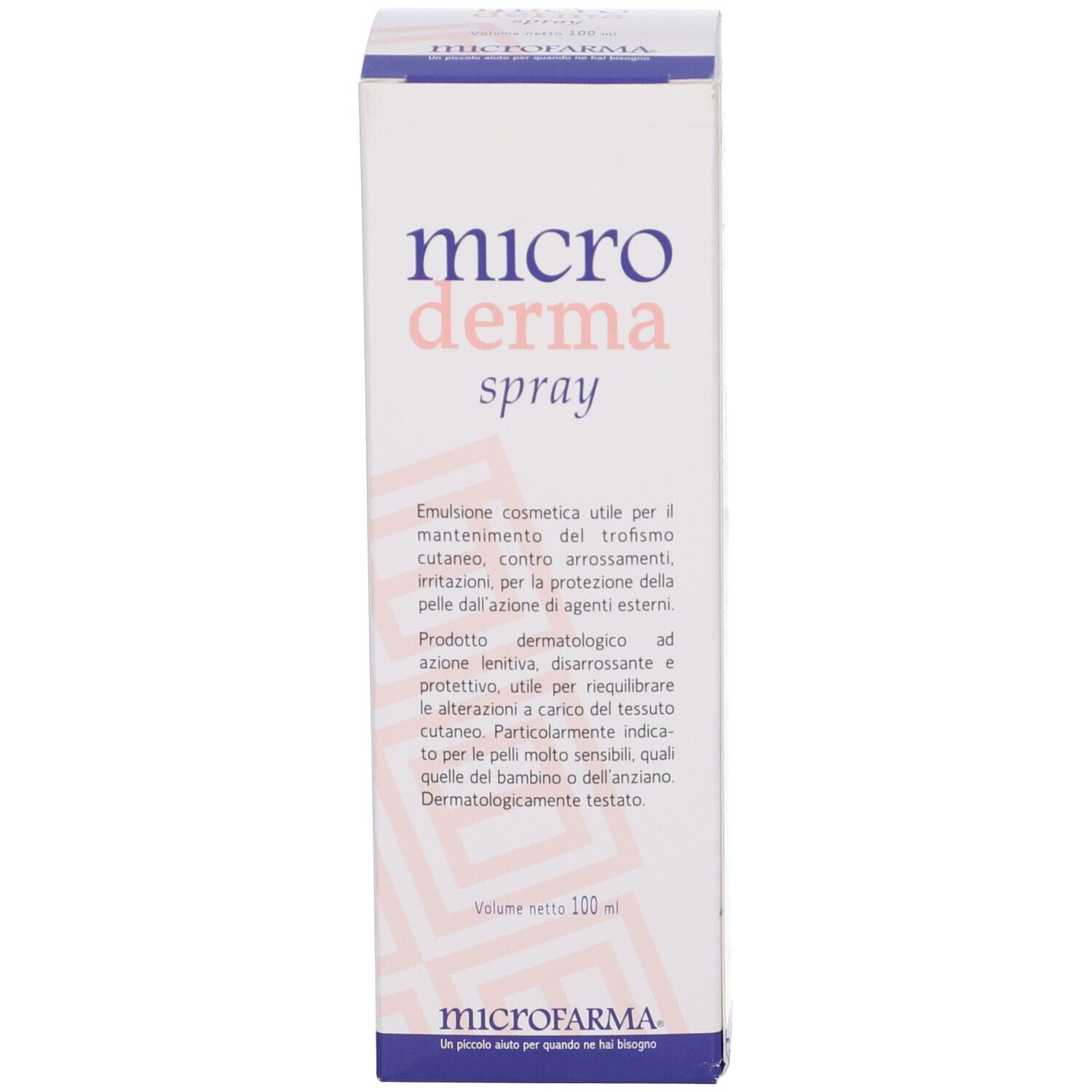 Scatola bianca con Microderma spray. Testo in italiano. Sotto, Microfarma.