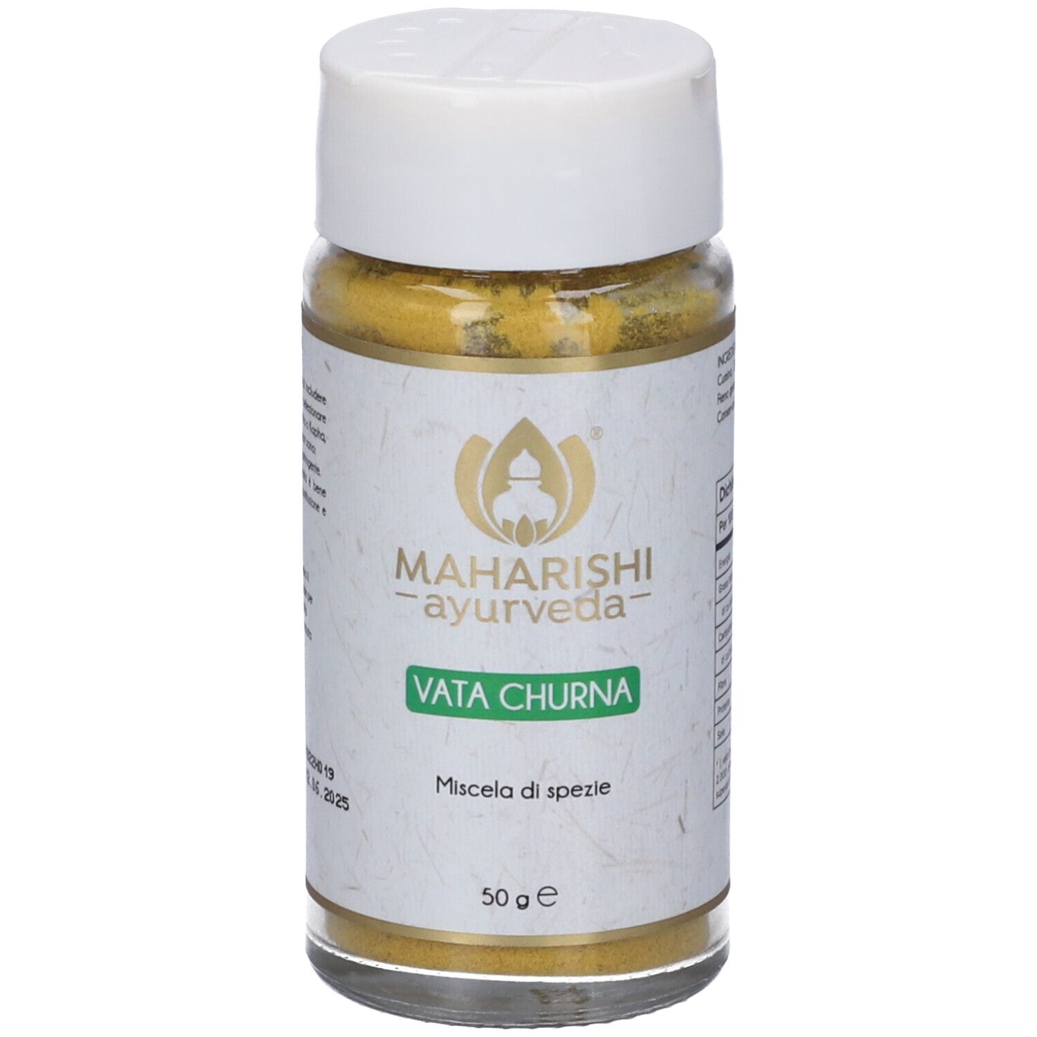 Glasbehälter mit gelbem Inhalt. Aufschrift: Maharishi Ayurveda, Vata Churna, Miscela di spezie, 50 g.