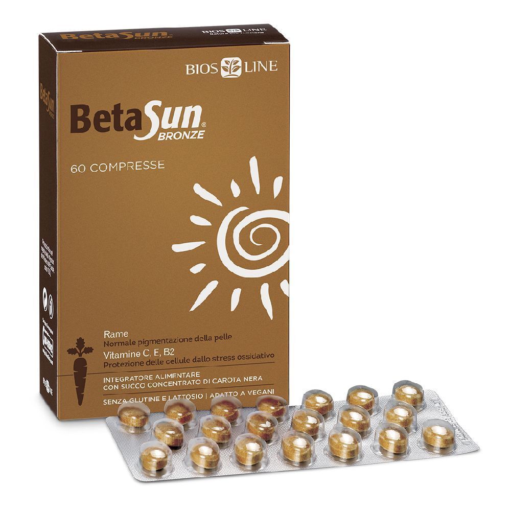 Confezione BetaSun Bronze con 60 compresse e blister. Scritta: Normale pigmentazione, Vitamina C, E, B2. Con succo di carota.