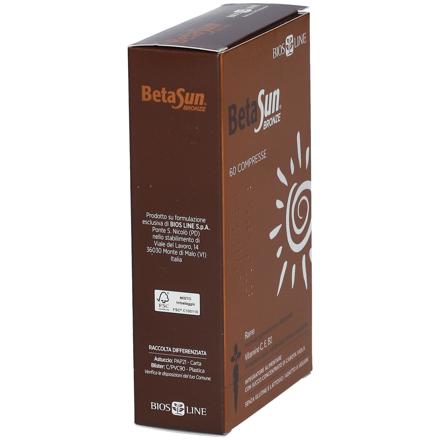 Scatola marrone BetaSun Bronze. Scritta: 60 compresse. Retro con informazioni sul prodotto e logo.