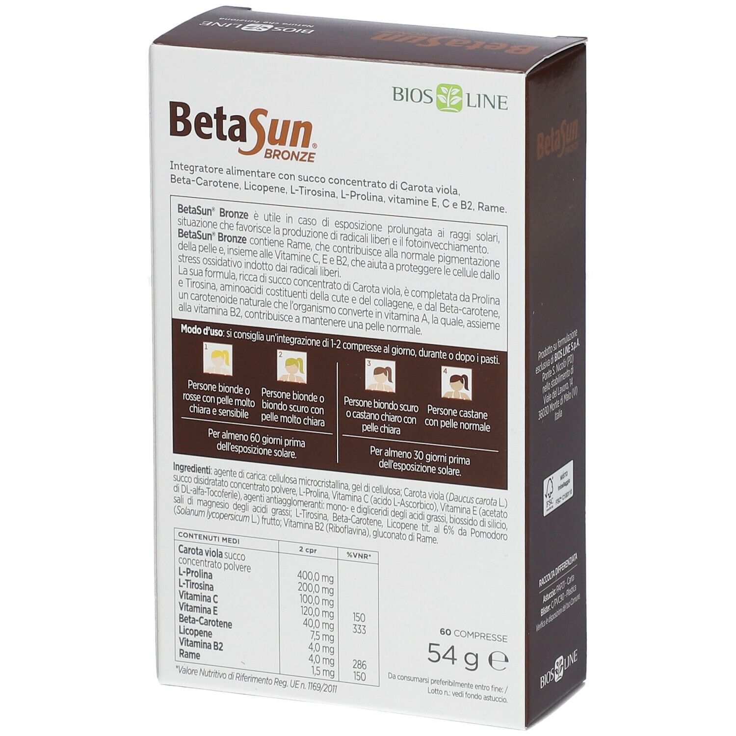 Scatola marrone BetaSun Bronze. Retro con informazioni sul prodotto, ingredienti e istruzioni per il dosaggio.
