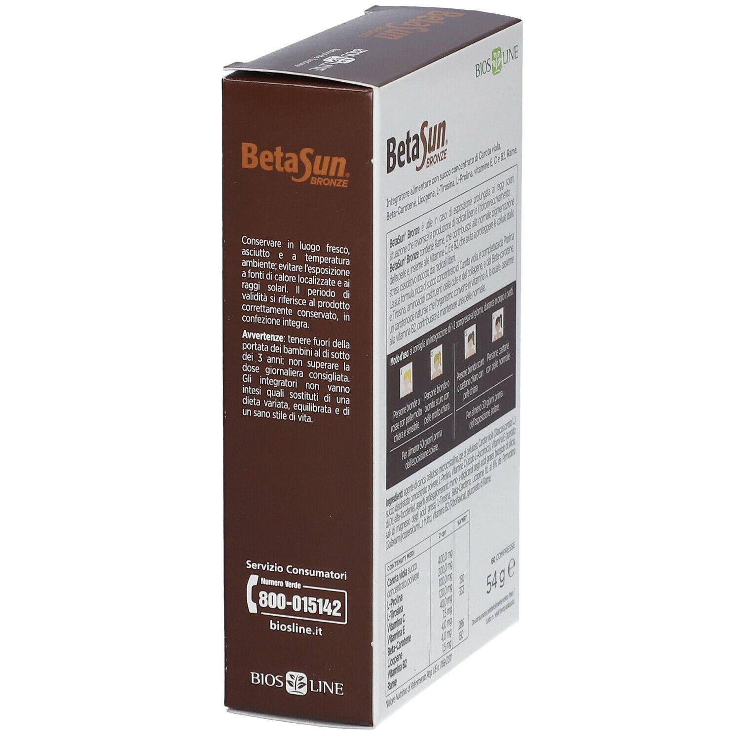 Scatola marrone BetaSun Bronze. Retro con avvertenze, contatti e informazioni sugli ingredienti.