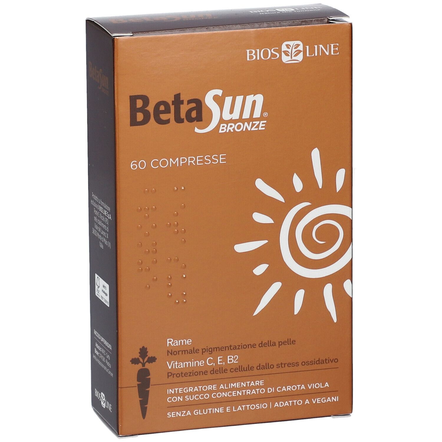 Scatola marrone BetaSun Bronze con 60 compresse. Scritta: Normale pigmentazione, Vitamina C, E, B2. Con succo di carota.