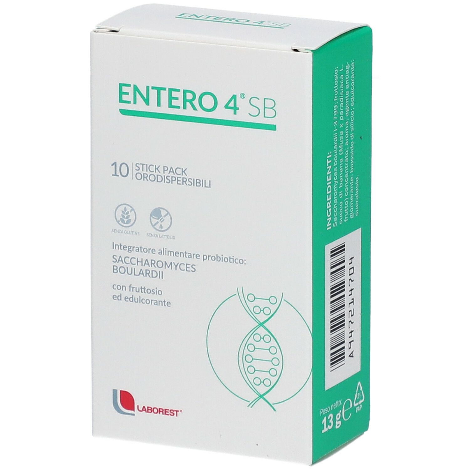 Laborest Entero 4 SB-Verpackung. 10 Sticks. Enthält Probiotika. Weiße Schachtel mit grünen Akzenten. Text und Logo.