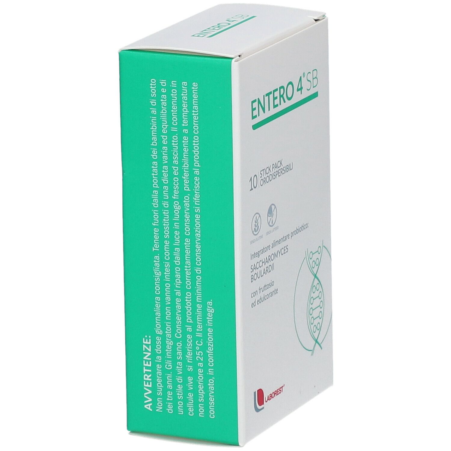 Laborest Entero 4 SB-Verpackung. Weiße Schachtel mit grünen Seiten. Text und Logo. Enthält Warnhinweise.