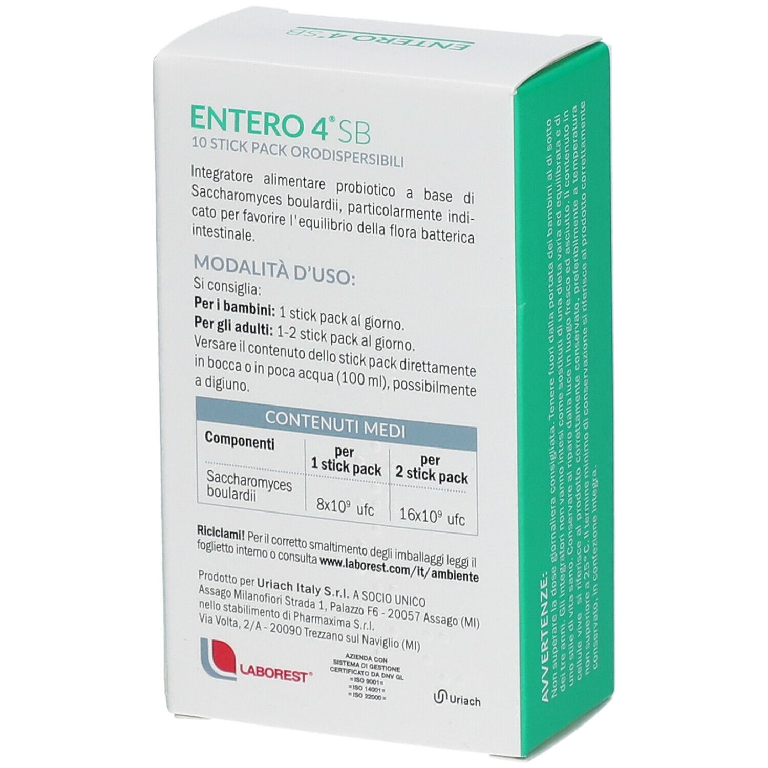 Rückseite der Laborest Entero 4 SB-Verpackung. Enthält Informationen zur Anwendung und Inhaltsstoffe. Text und Logo.