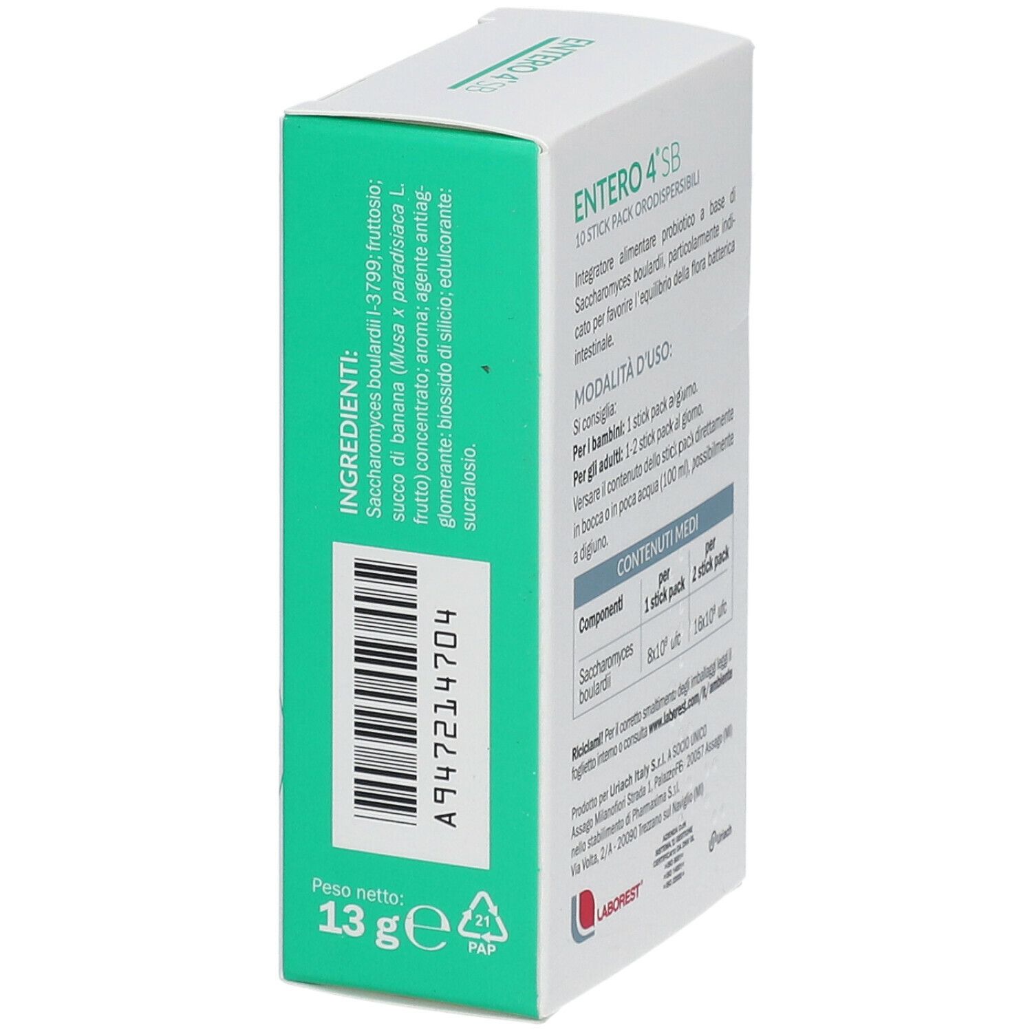 Laborest Entero 4 SB-Verpackung. Grüne Seite mit Inhaltsstoffen und Barcode. Text und Logo.