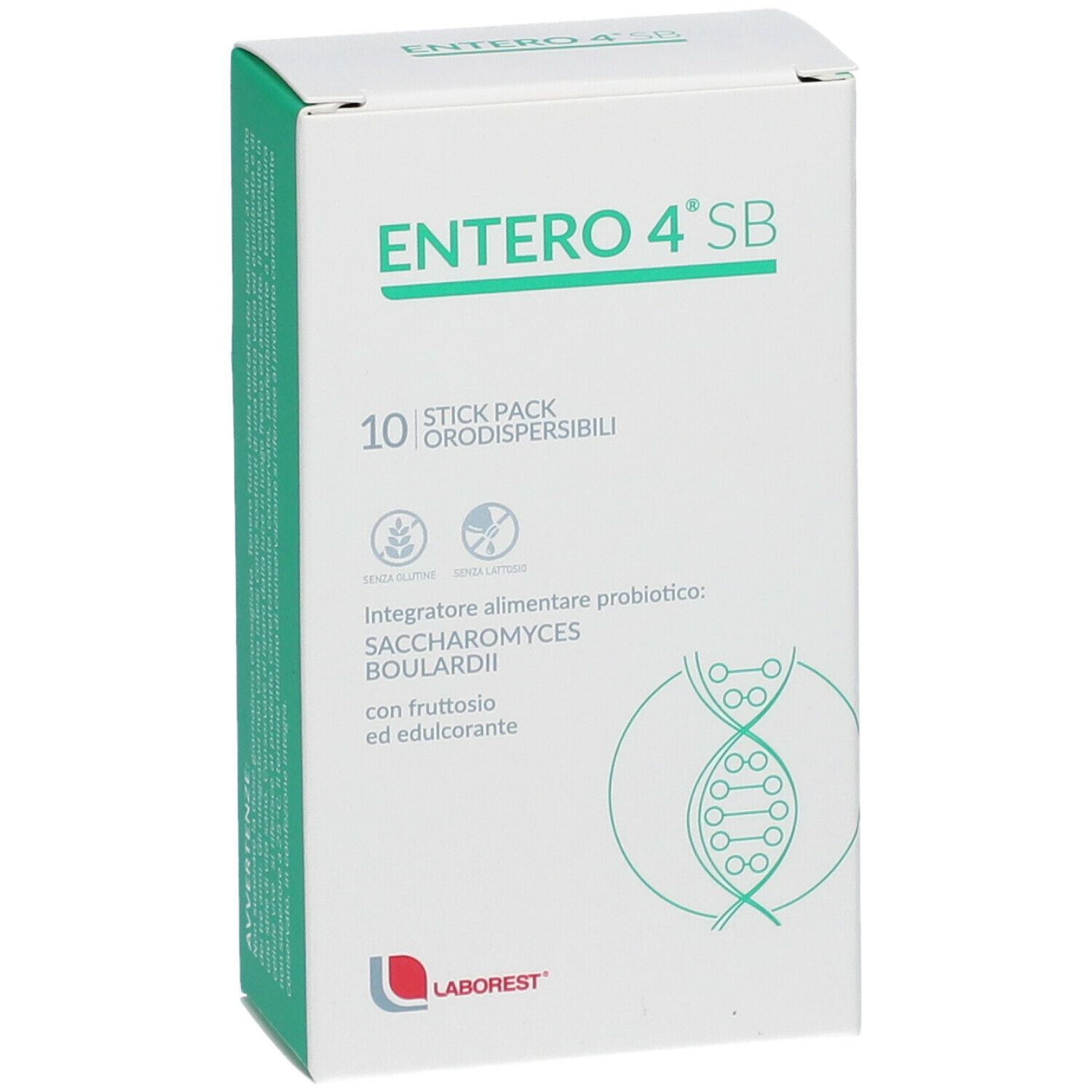 Laborest Entero 4 SB-Verpackung. Weiße Schachtel mit grünen Akzenten. Text und Logo. 10 Sticks.