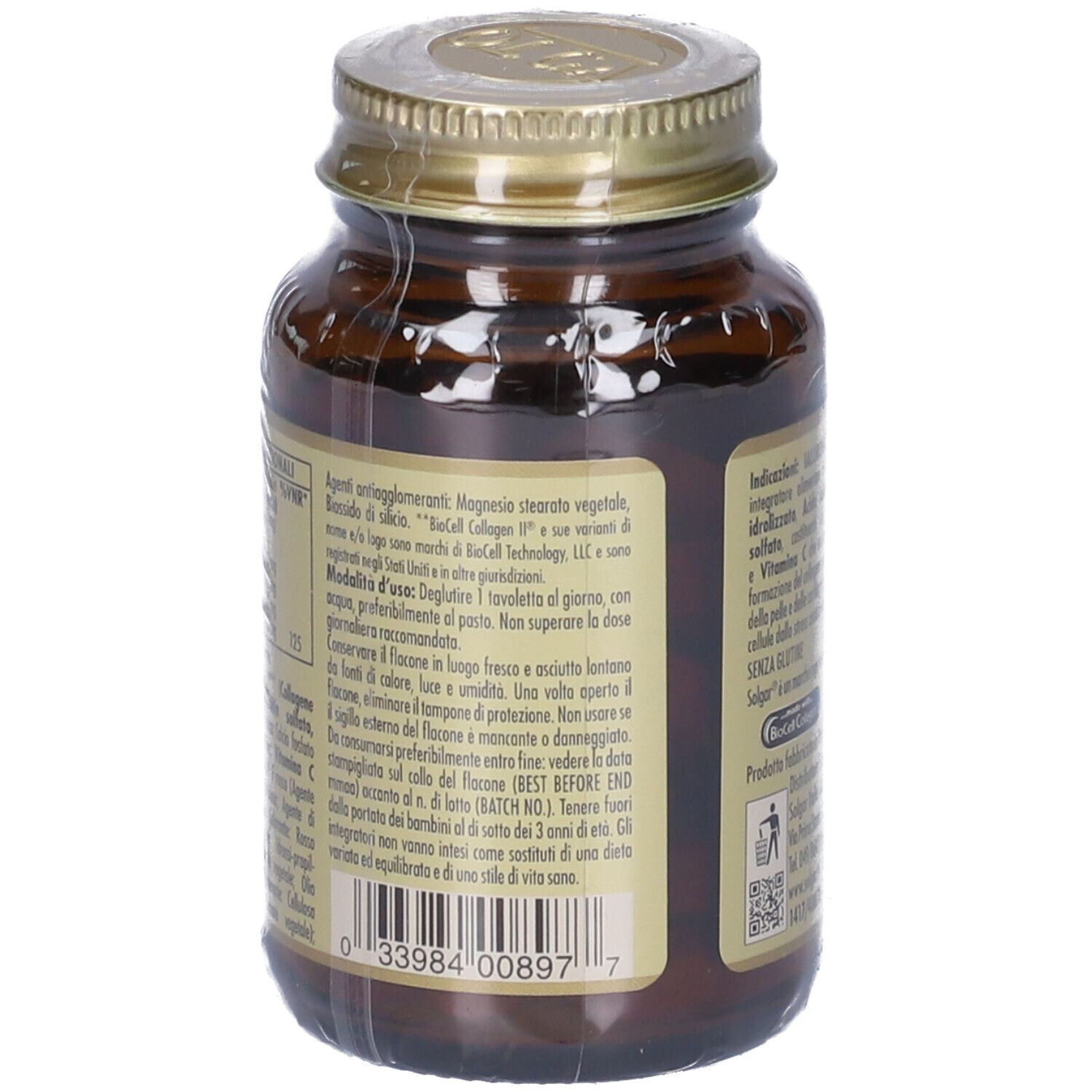 Rückseite einer braunen Glasflasche mit goldfarbenem Deckel. Text: IALURONIC FORMULA. Enthält Informationen und Inhaltsstoffe.