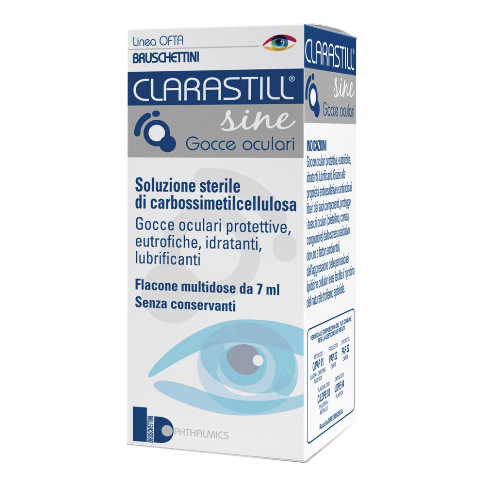 Confezione di Clarastill sine Gocce oculari. Contiene gocce oftalmiche. Scritte in italiano.