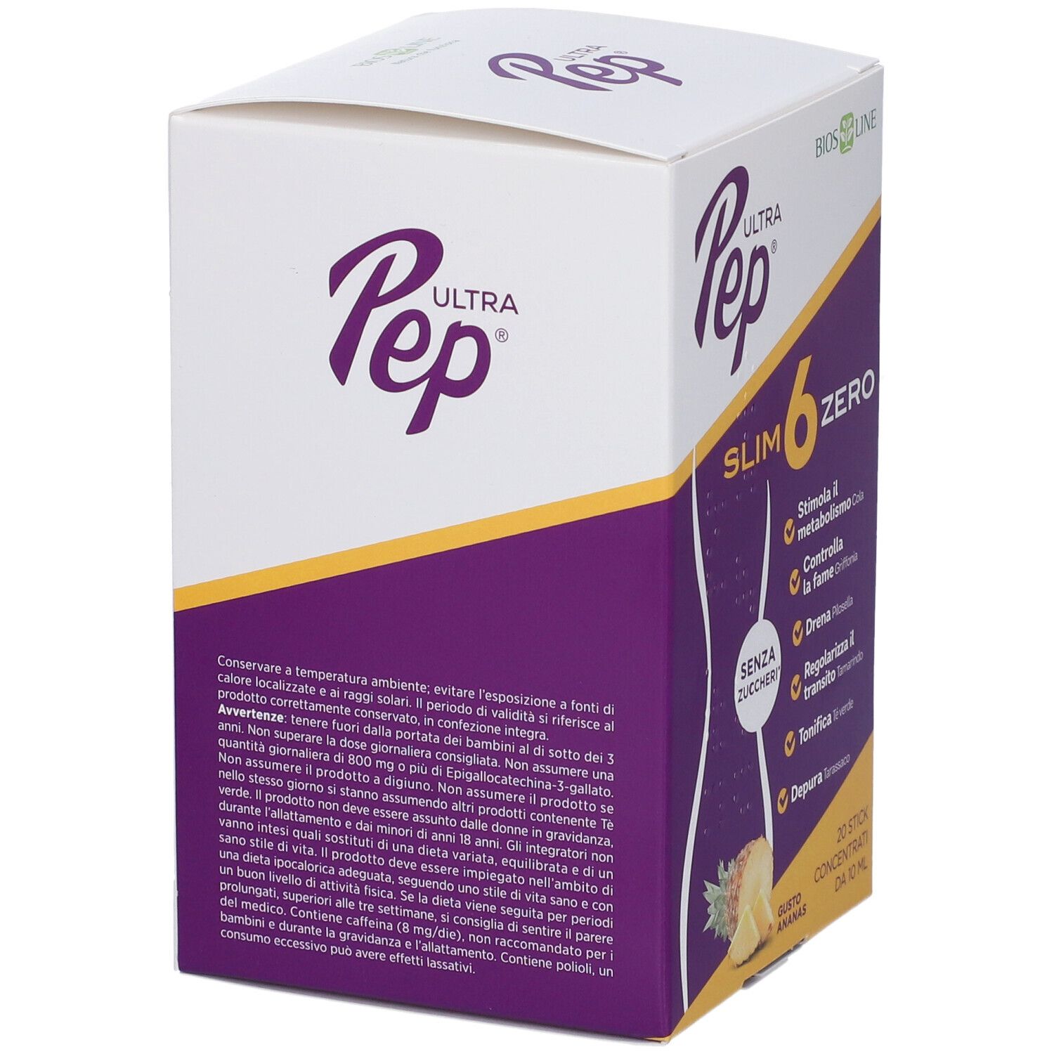 Confezione UltraPep Slim 6 Zero. Scatola bianca e viola con nome del prodotto e informazioni. Vista laterale.