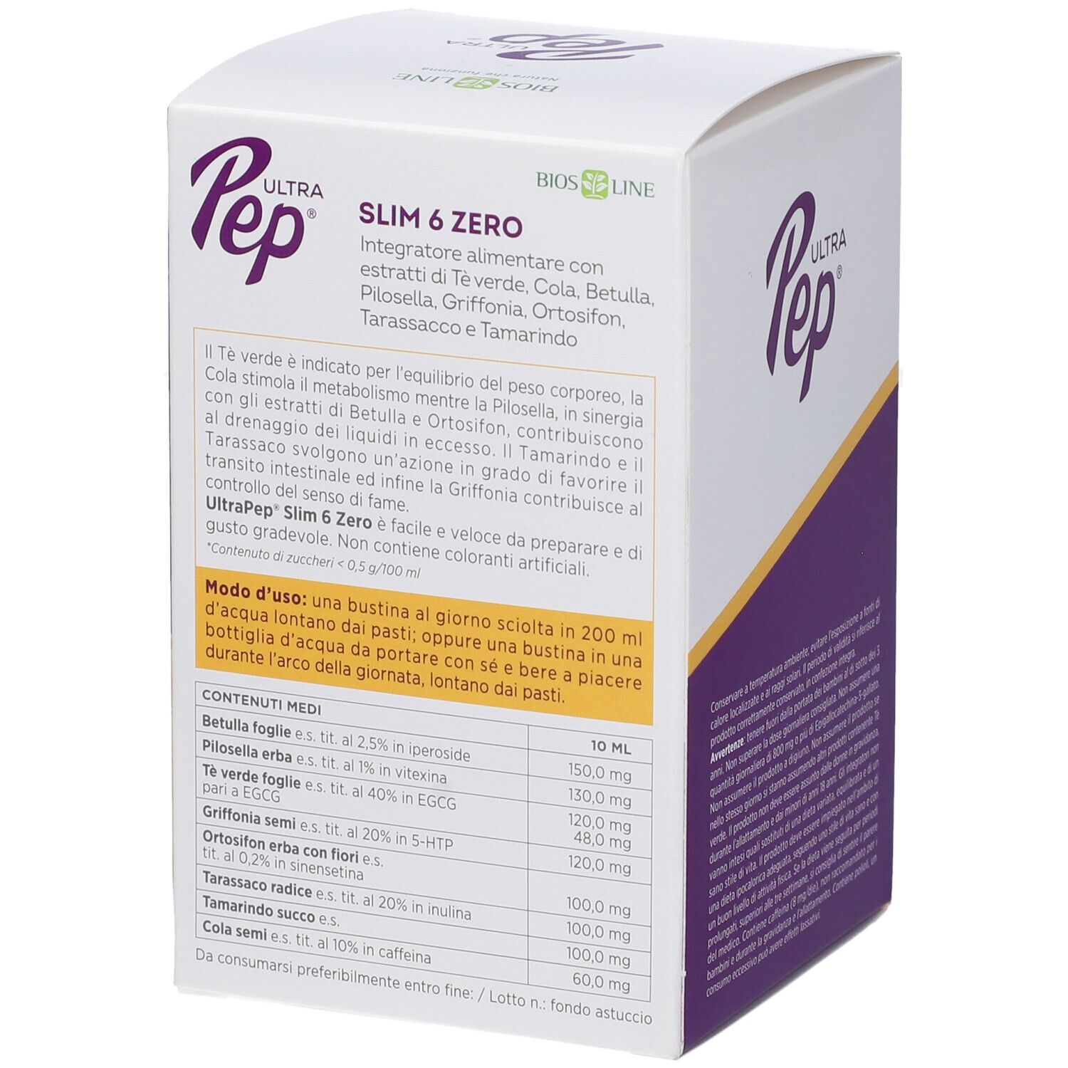 Confezione UltraPep Slim 6 Zero. Retro con ingredienti e istruzioni per l'uso. Testo in italiano.