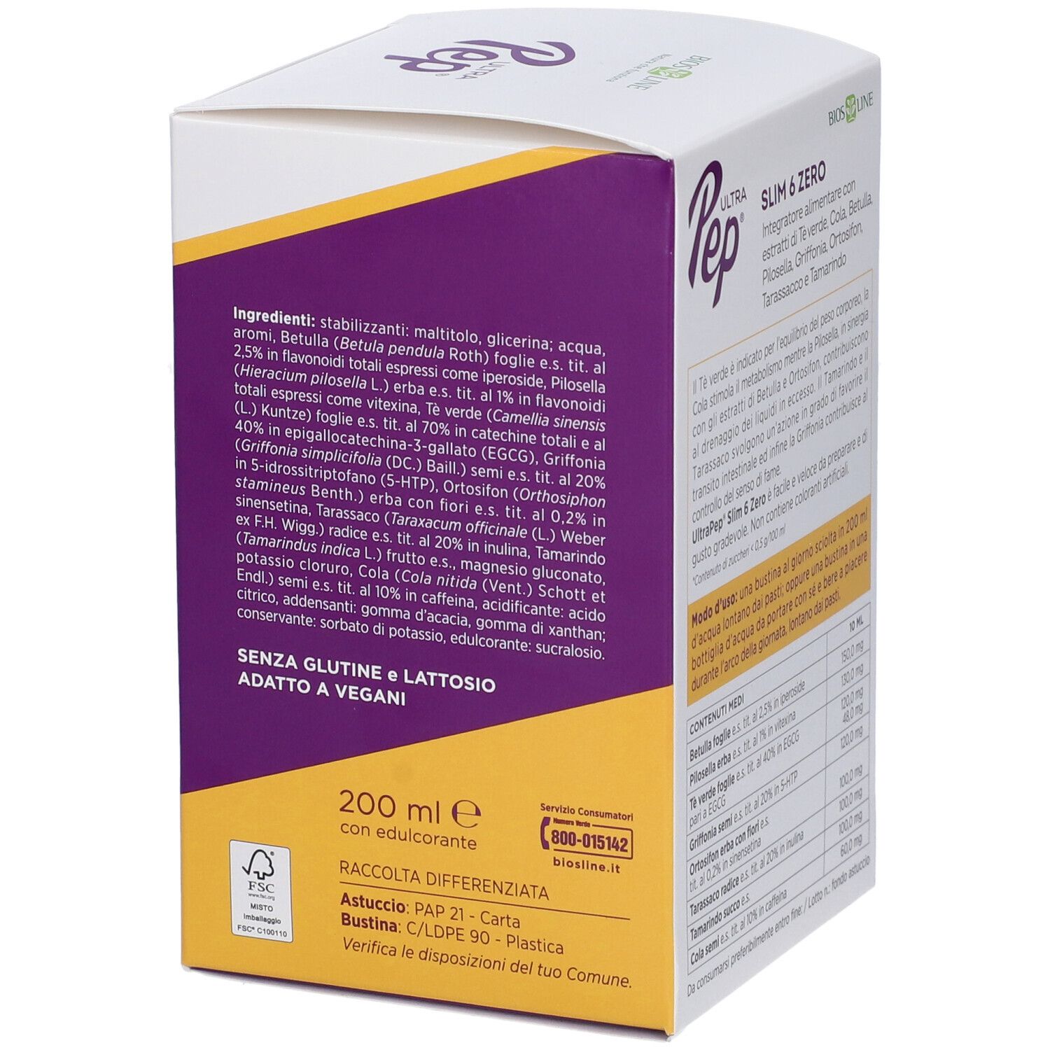 Confezione UltraPep Slim 6 Zero. Lato con ingredienti e certificazioni. Testo in italiano.