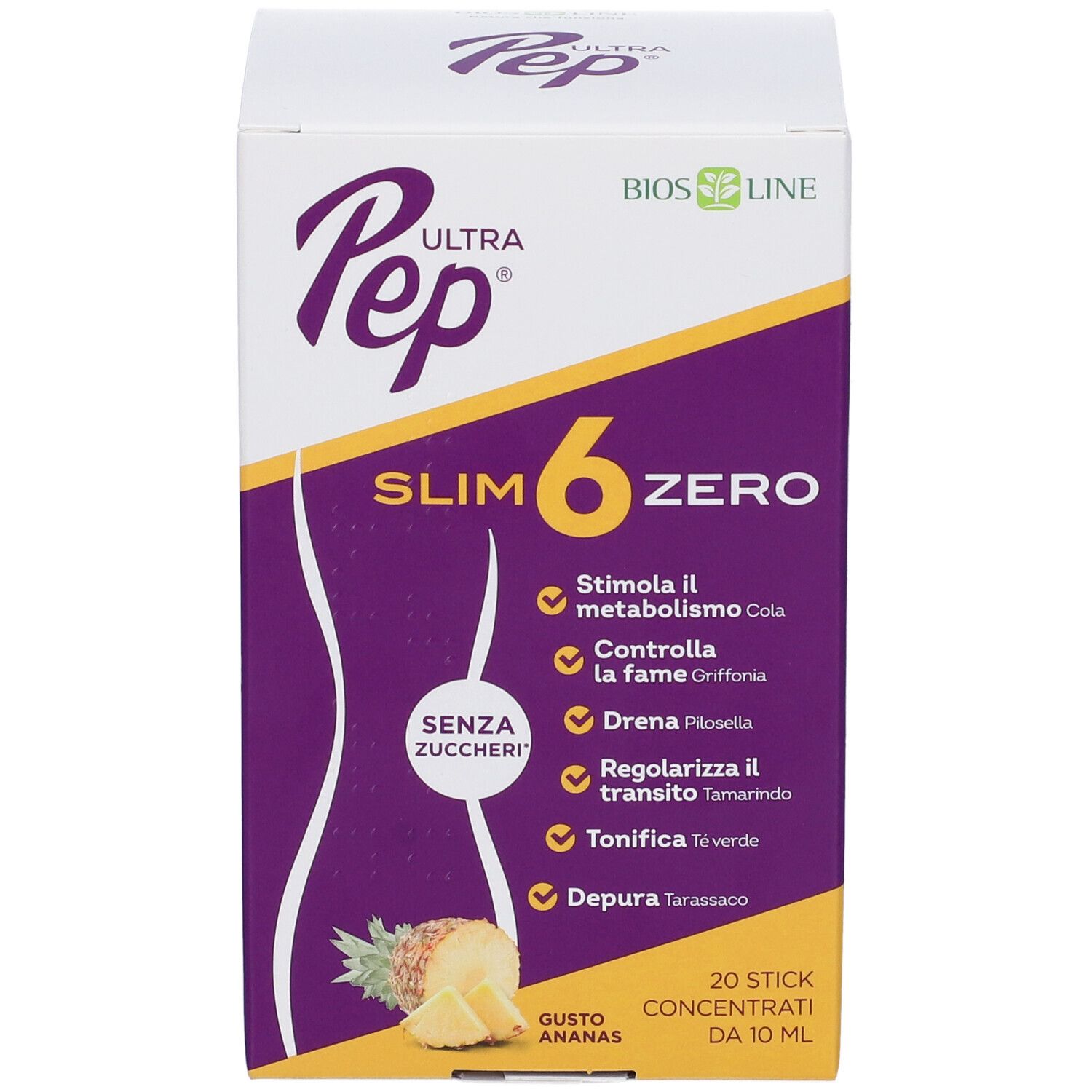 Confezione UltraPep Slim 6 Zero. Scatola bianca e viola con nome del prodotto e informazioni. Illustrazione di ananas.