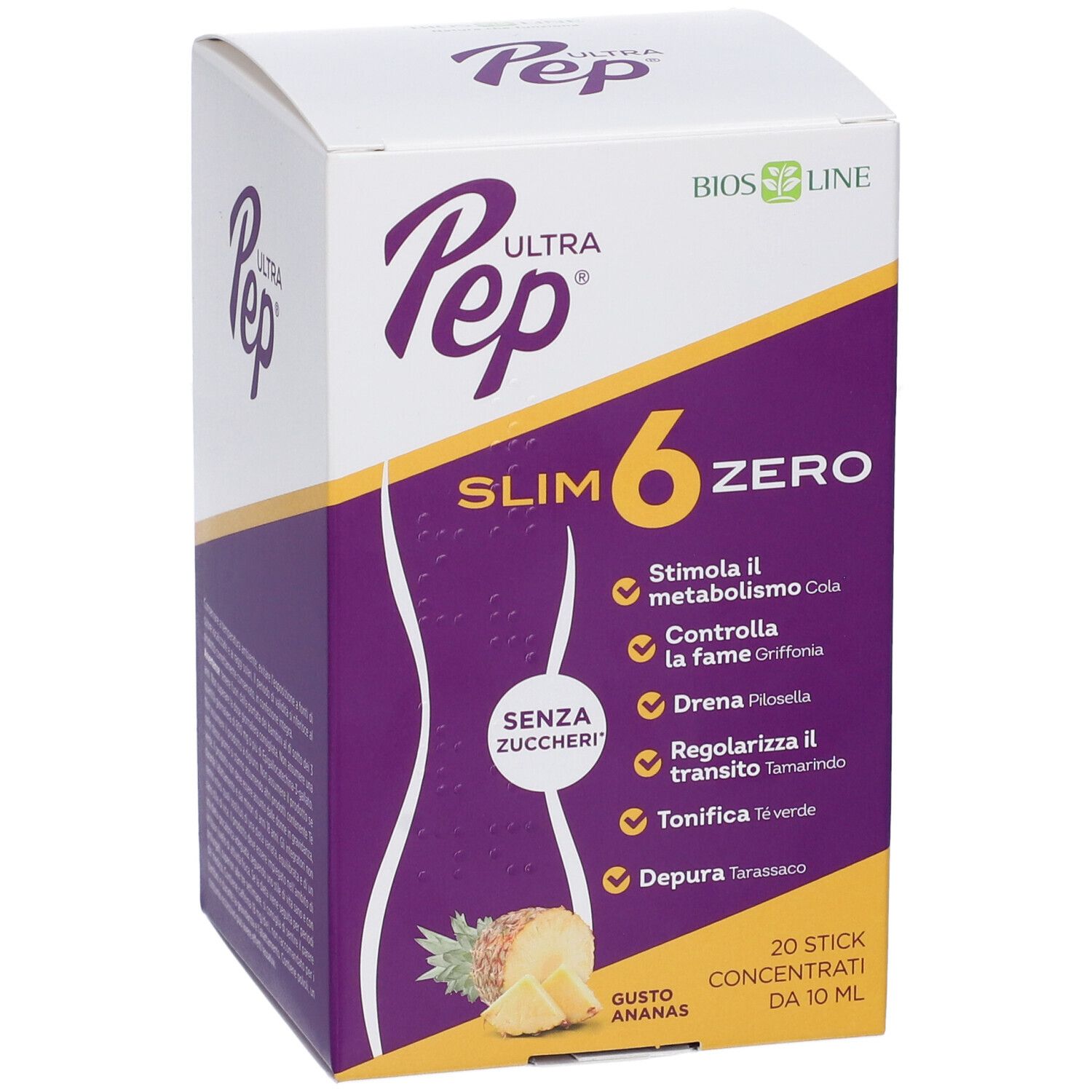 Confezione UltraPep Slim 6 Zero. Scatola bianca e viola con nome del prodotto e informazioni. Illustrazione di ananas.