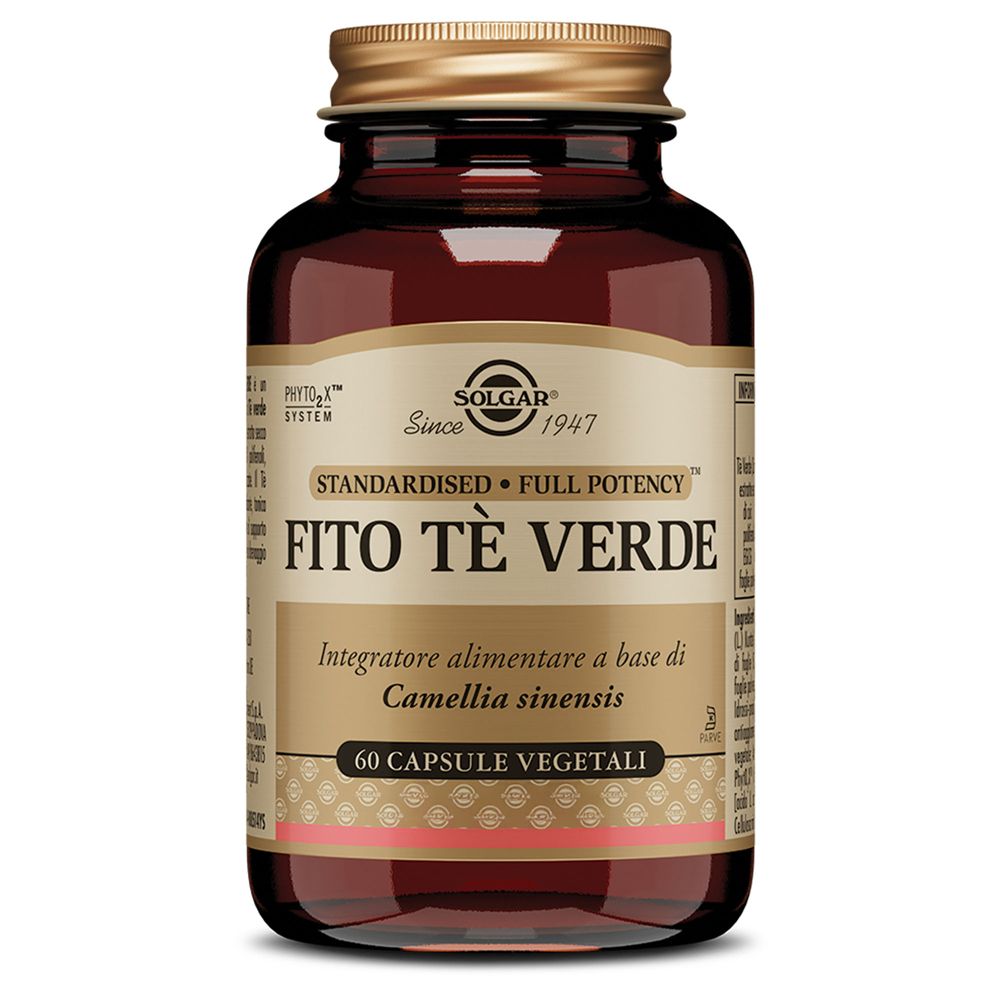 Flacone di vetro marrone con tappo dorato. Etichetta con SOLGAR® e Fito Tè Verde. 60 capsule vegetali.