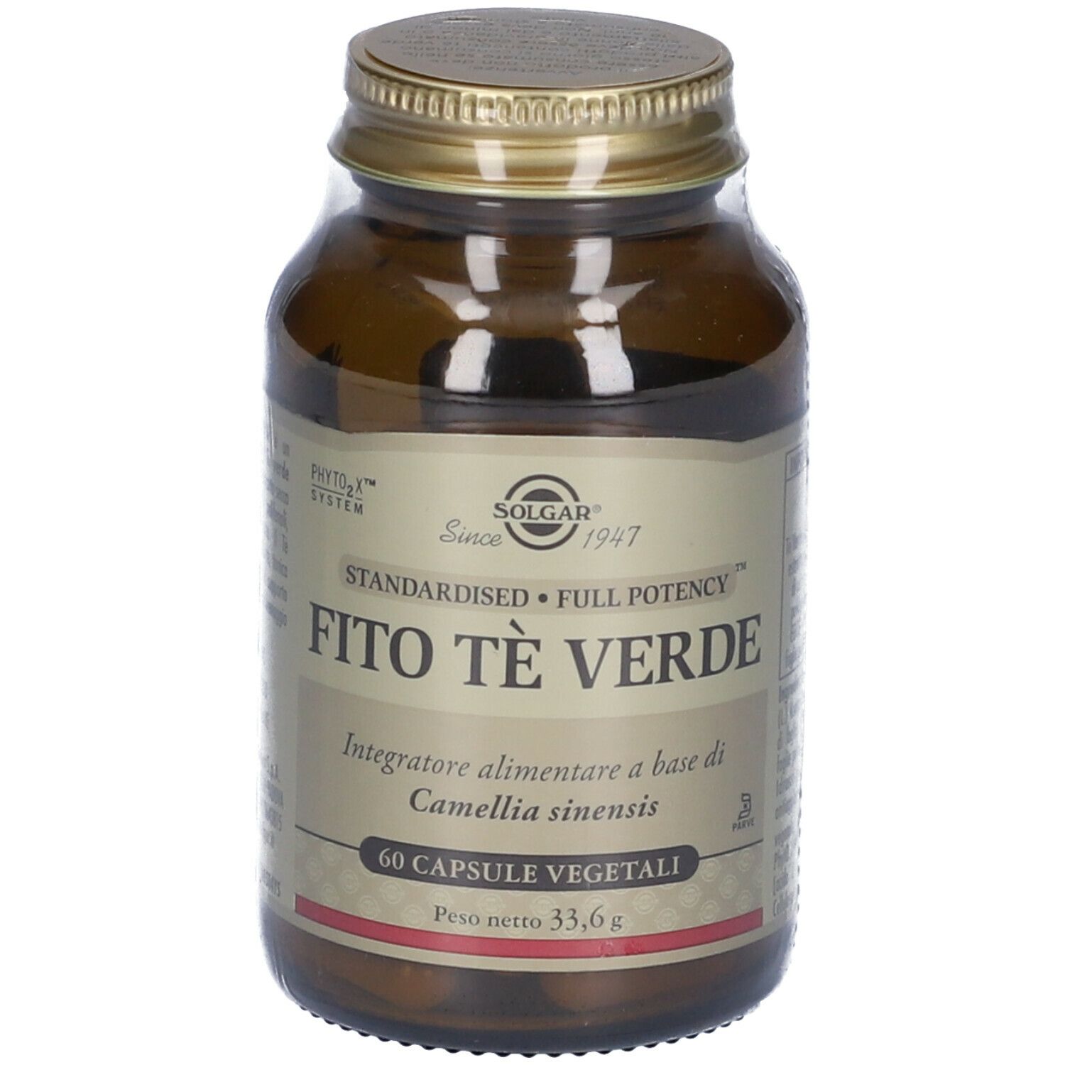 Flacone di vetro marrone con tappo dorato. Etichetta con SOLGAR® e Fito Tè Verde. 60 capsule vegetali.