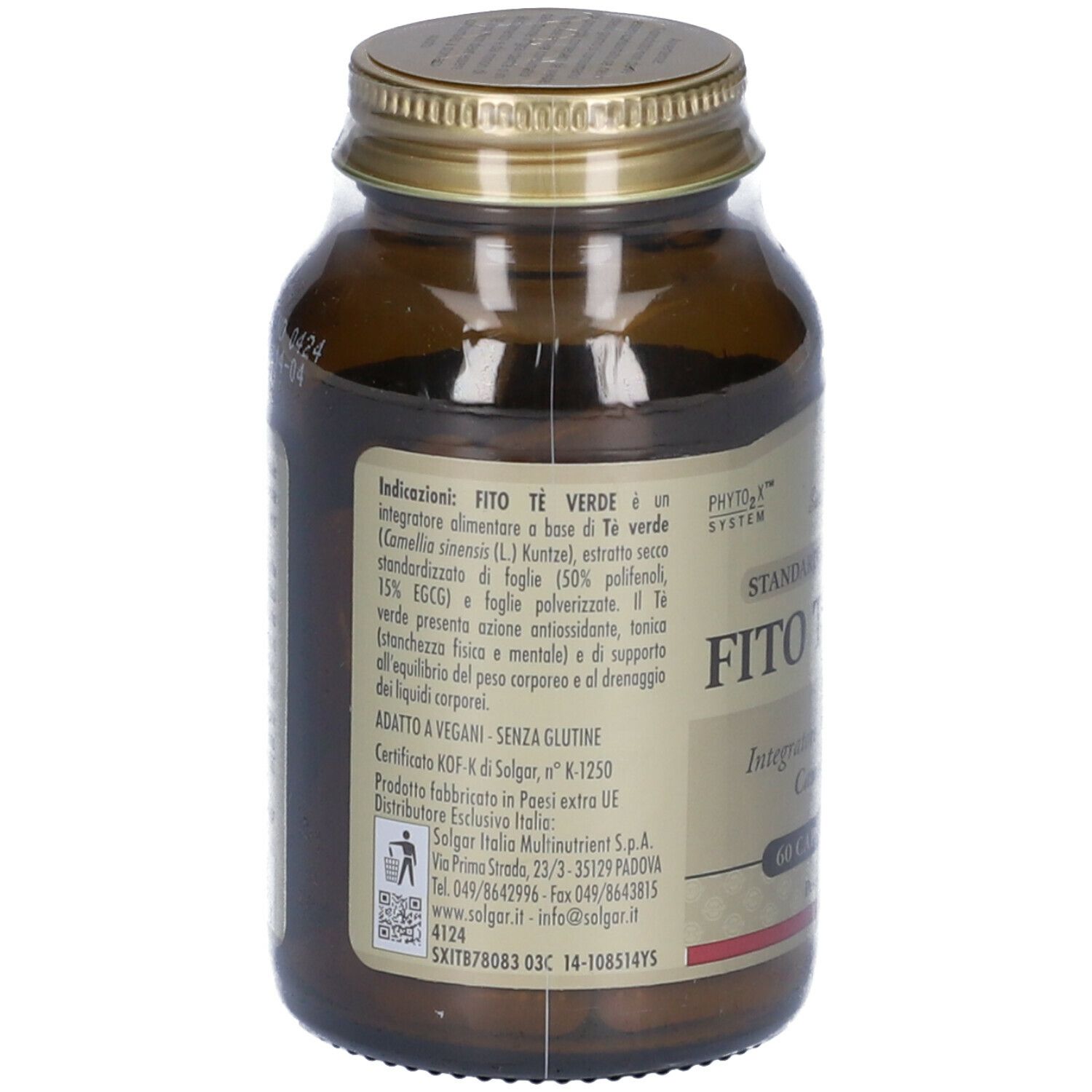 Retro di un flacone di vetro marrone. Etichetta con informazioni su SOLGAR® Fito Tè Verde. Testo in italiano.