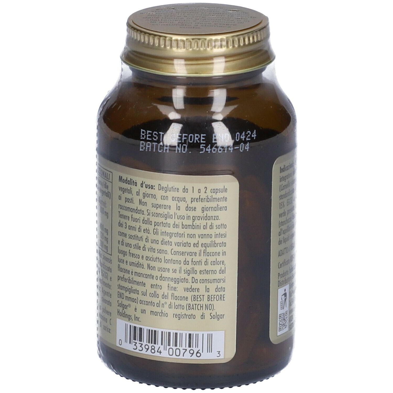 Retro di un flacone di vetro marrone. Etichetta con informazioni su SOLGAR® Fito Tè Verde. Testo in italiano.