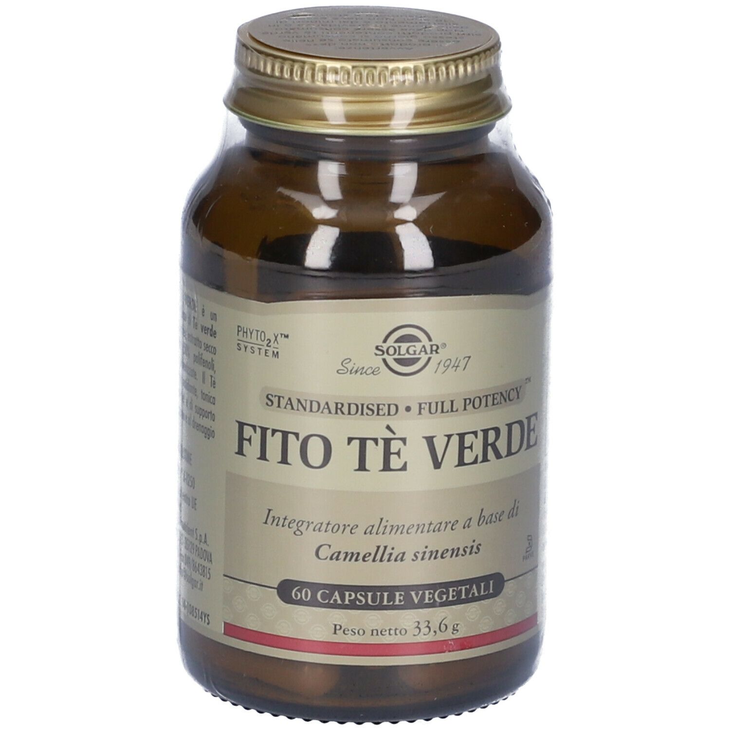 Flacone di vetro marrone con tappo dorato. Etichetta con SOLGAR® e Fito Tè Verde. 60 capsule vegetali.