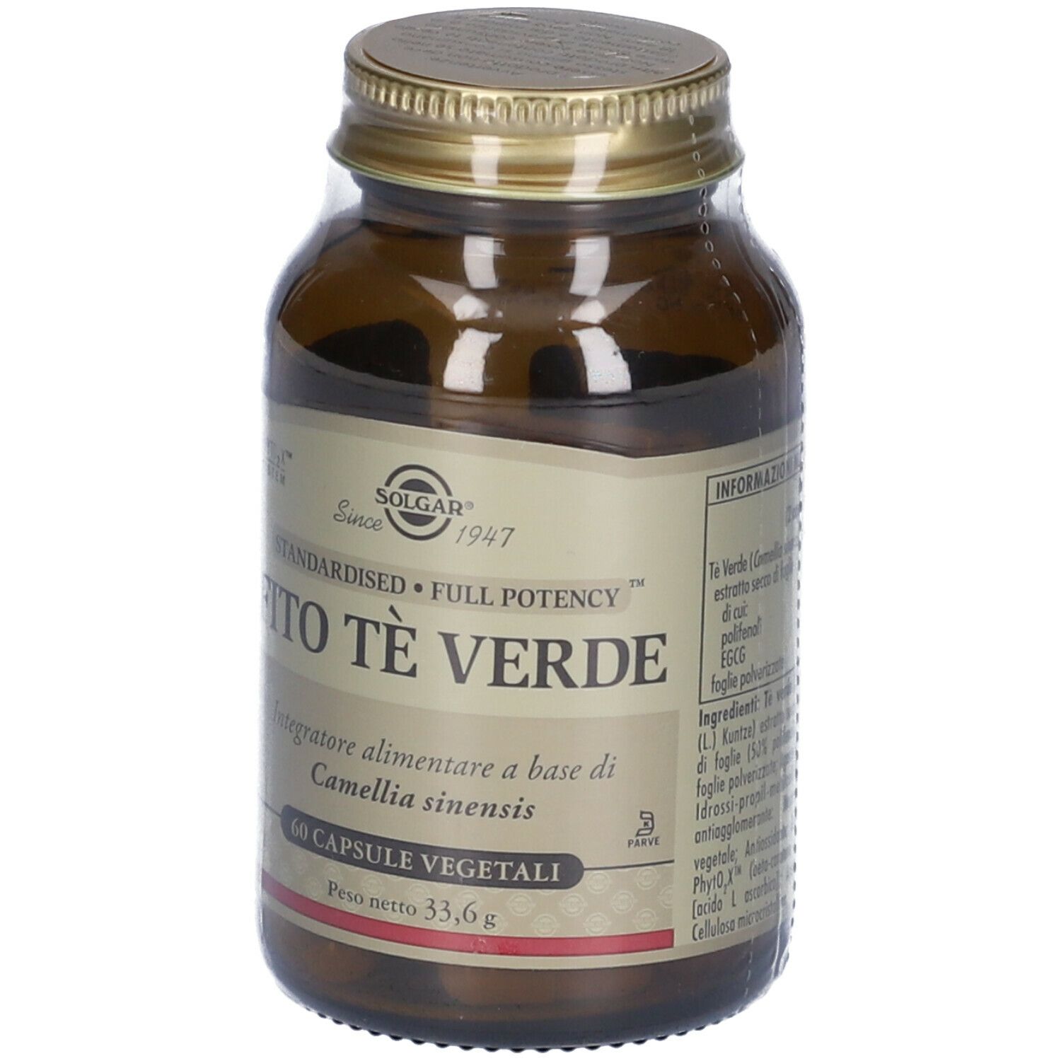 Flacone di vetro marrone con tappo dorato. Etichetta con SOLGAR® e Fito Tè Verde. 60 capsule vegetali.