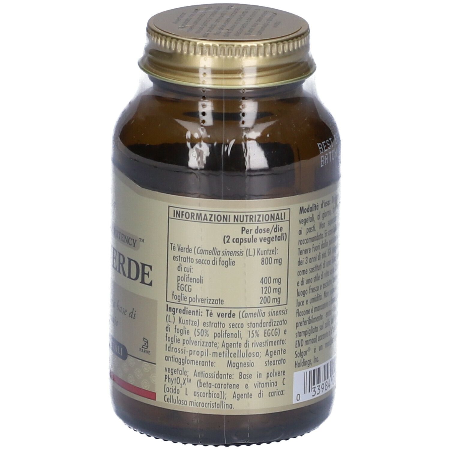 Retro di un flacone di vetro marrone. Etichetta con informazioni nutrizionali SOLGAR® Fito Tè Verde. Testo in italiano.