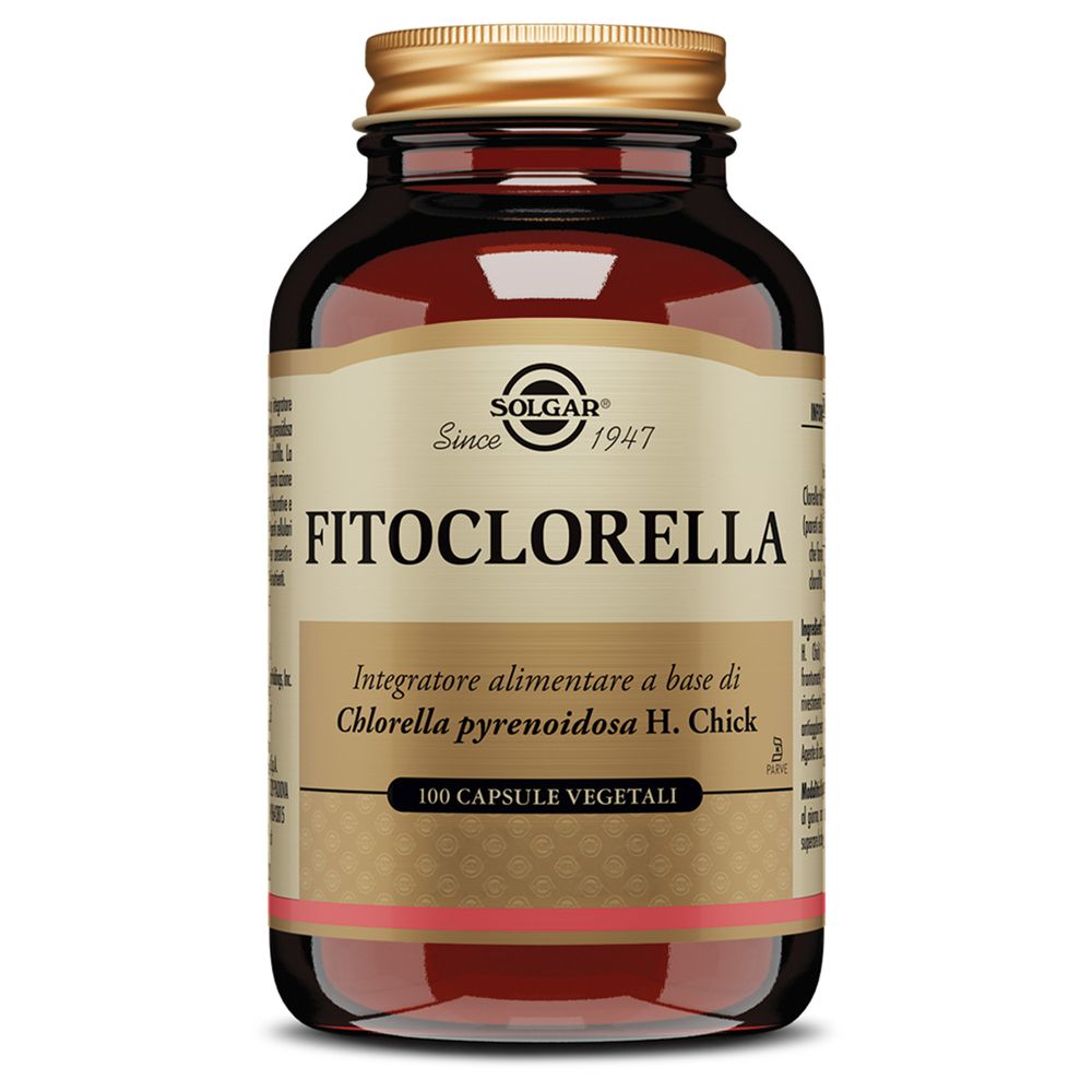 Flacone di vetro marrone con tappo dorato. Etichetta "FITOCLORELLA" e logo SOLGAR. 100 capsule.