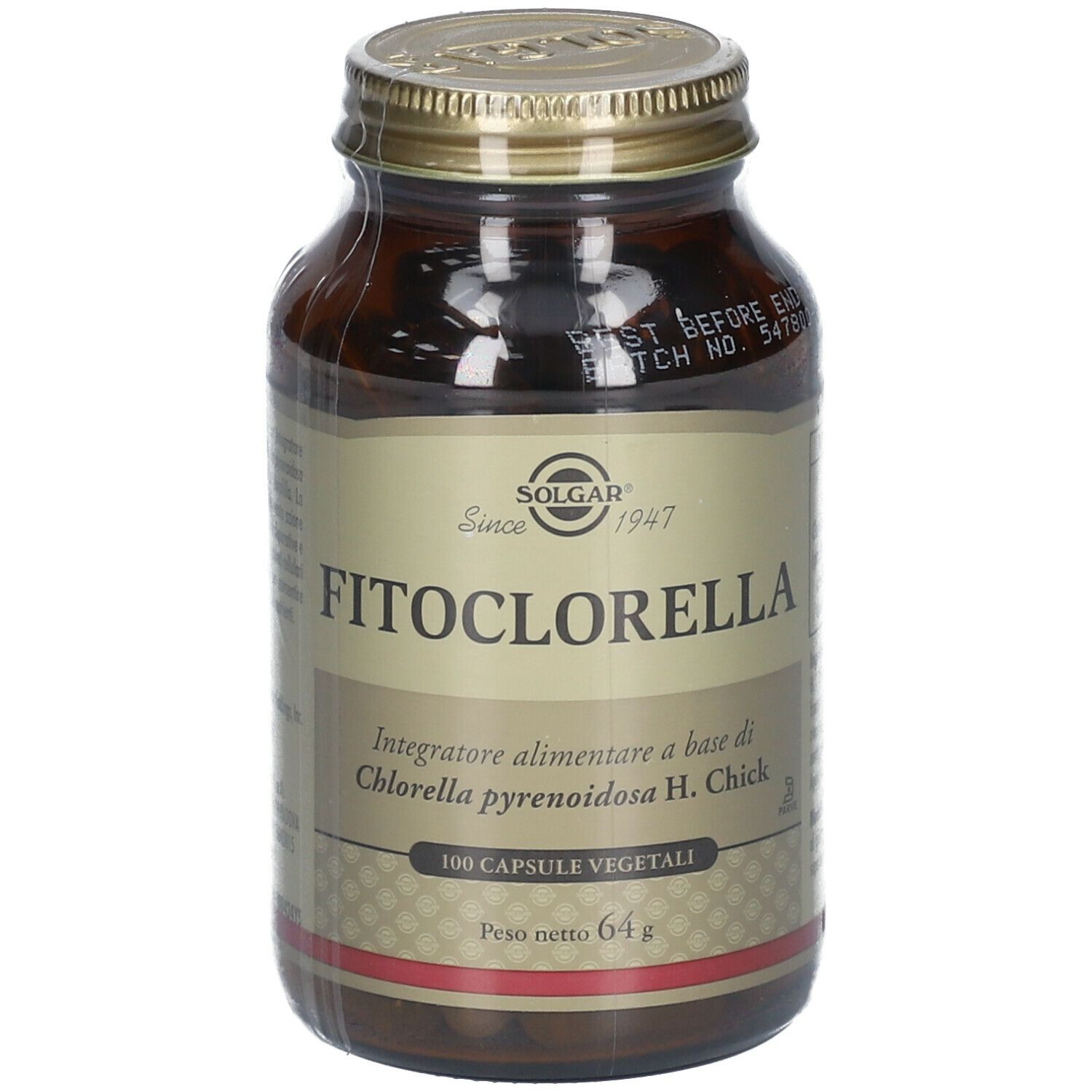 Flacone di vetro marrone con tappo dorato, confezionato. Etichetta "FITOCLORELLA" e logo SOLGAR. 100 capsule.