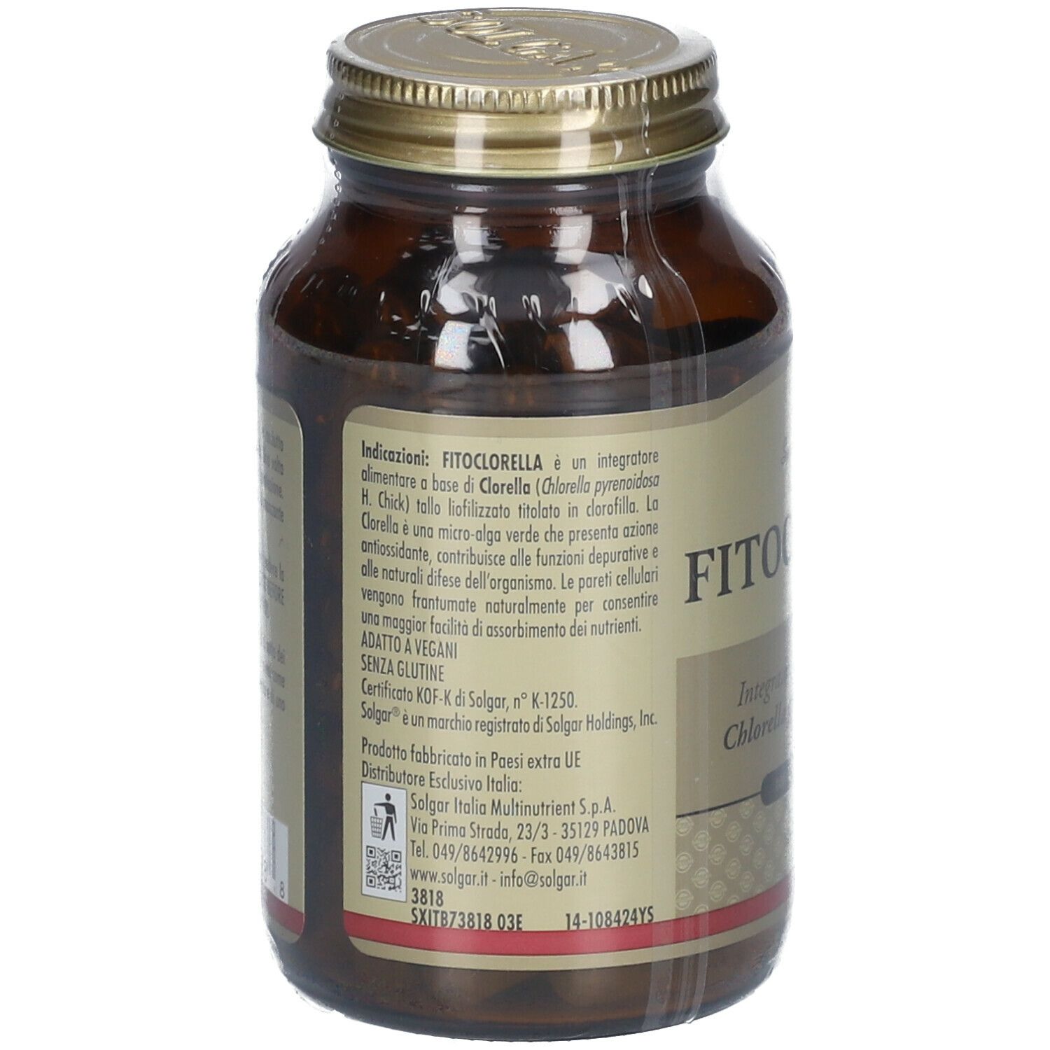 Flacone di vetro marrone con tappo dorato. Retro con testo. Etichetta "FITOCLORELLA".